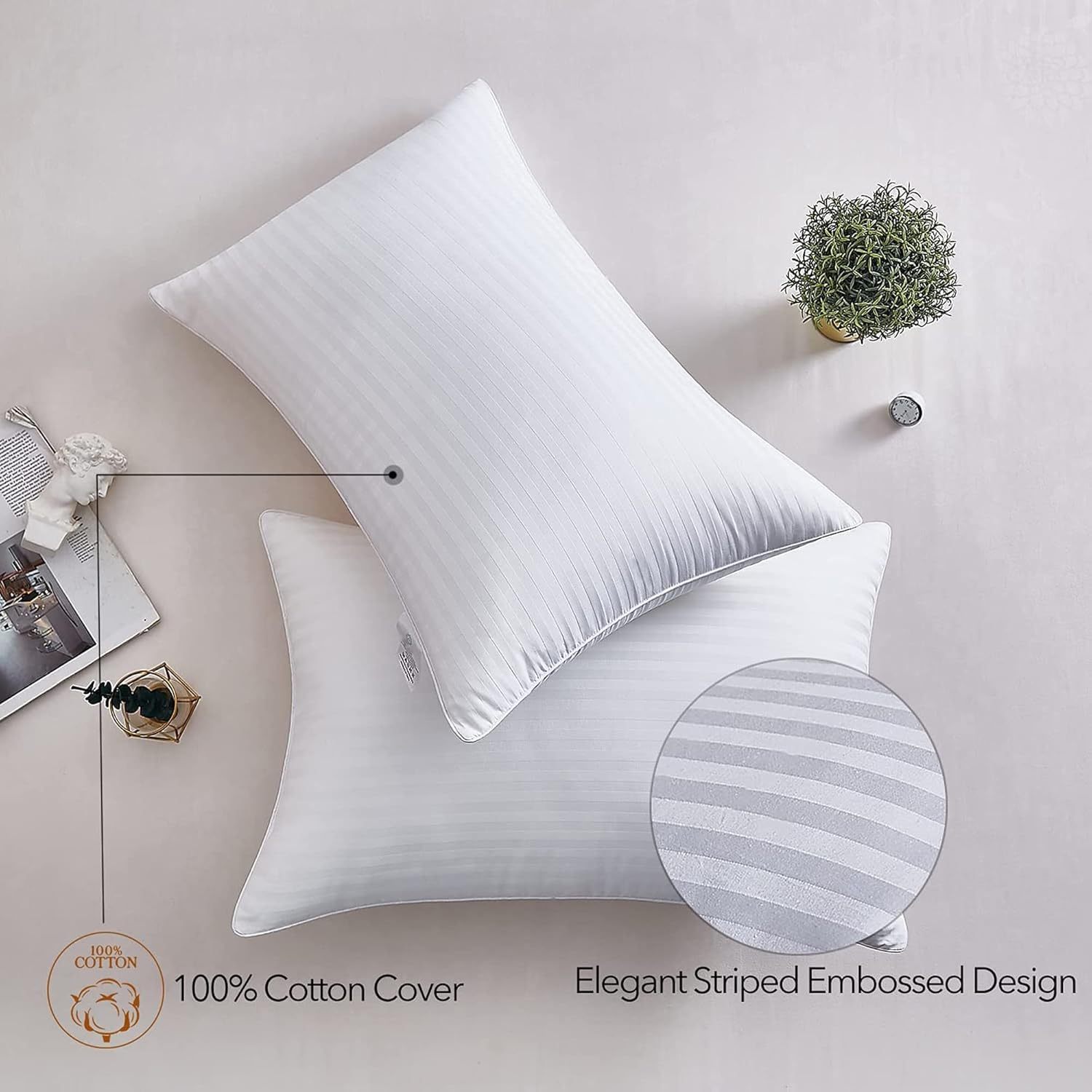 ACL Pillows 2 & 4 Pack with Stripe Cover Hotel Quality Side Sleeper Bounce Back Bed Pillows Premium Filled