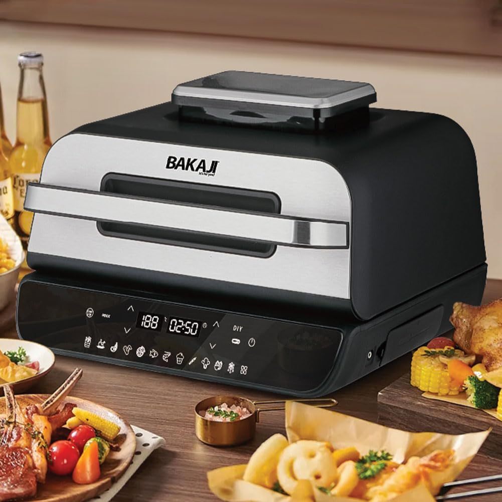 TEMU BAKAJI Friggitrice ad Aria e Grill Bistecchiera XXL Combi 6 Lt , Air Fryer Multifunzione con Piastra per Cuocere, Arrostire, , BBQ, 6 Livelli di