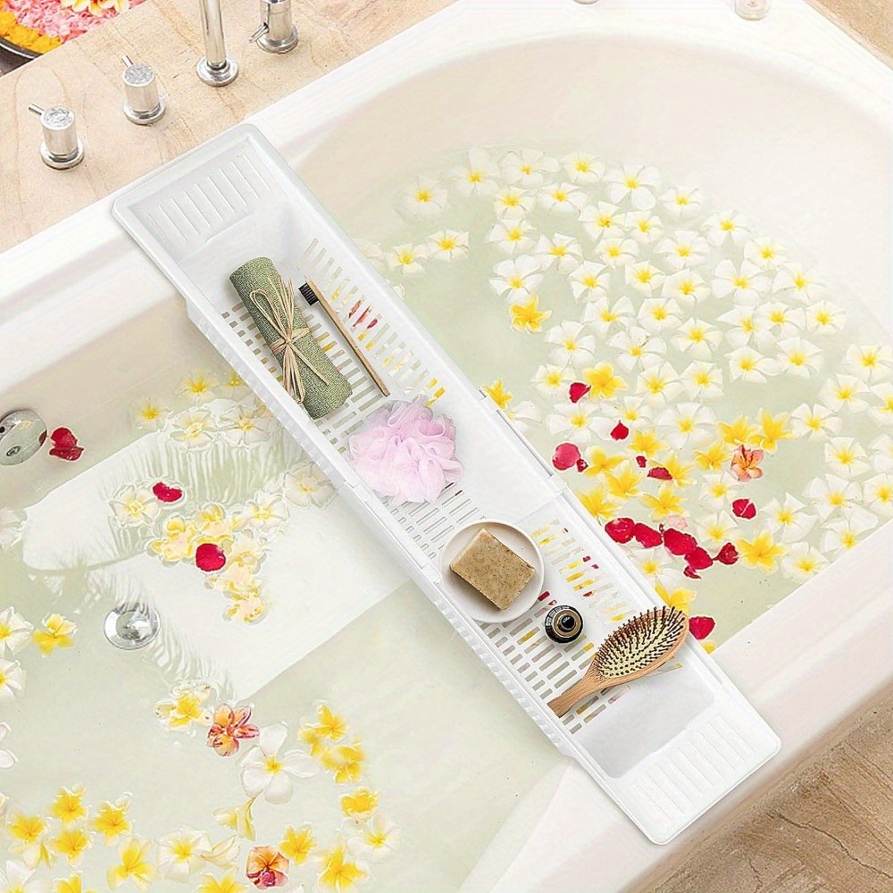 TEMU Plastic Bathtub Tray 57-86cm Adjustable Length Bath Bridge Rack Extendable Side Bathroom Storage For Bath Toys Dish Drainer Shampoo Soap Storage