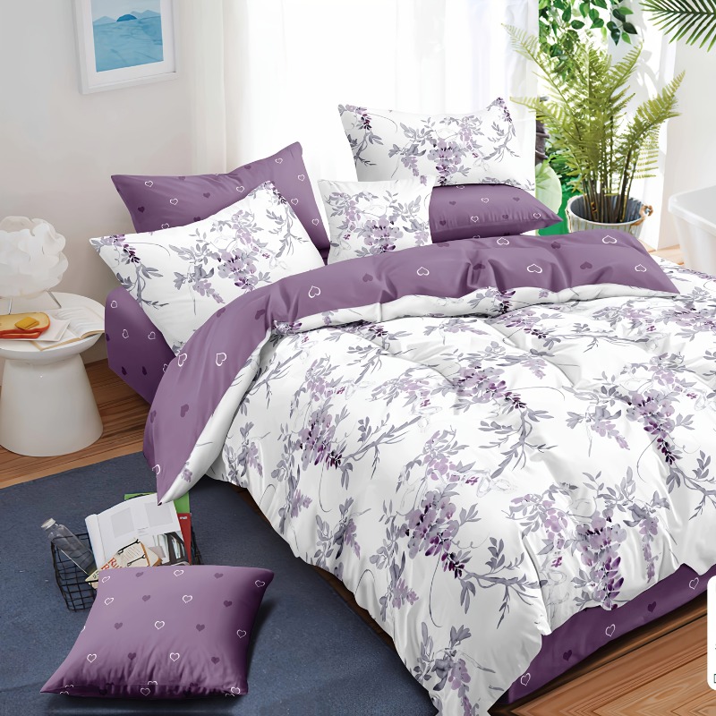 Image of Violet Theme Floral Double-sided Two-color Quilt Cover Set, Comfortable And Soft Bed Three-piece Set, Including 1 Quilt Cover And 2 Pillowcases