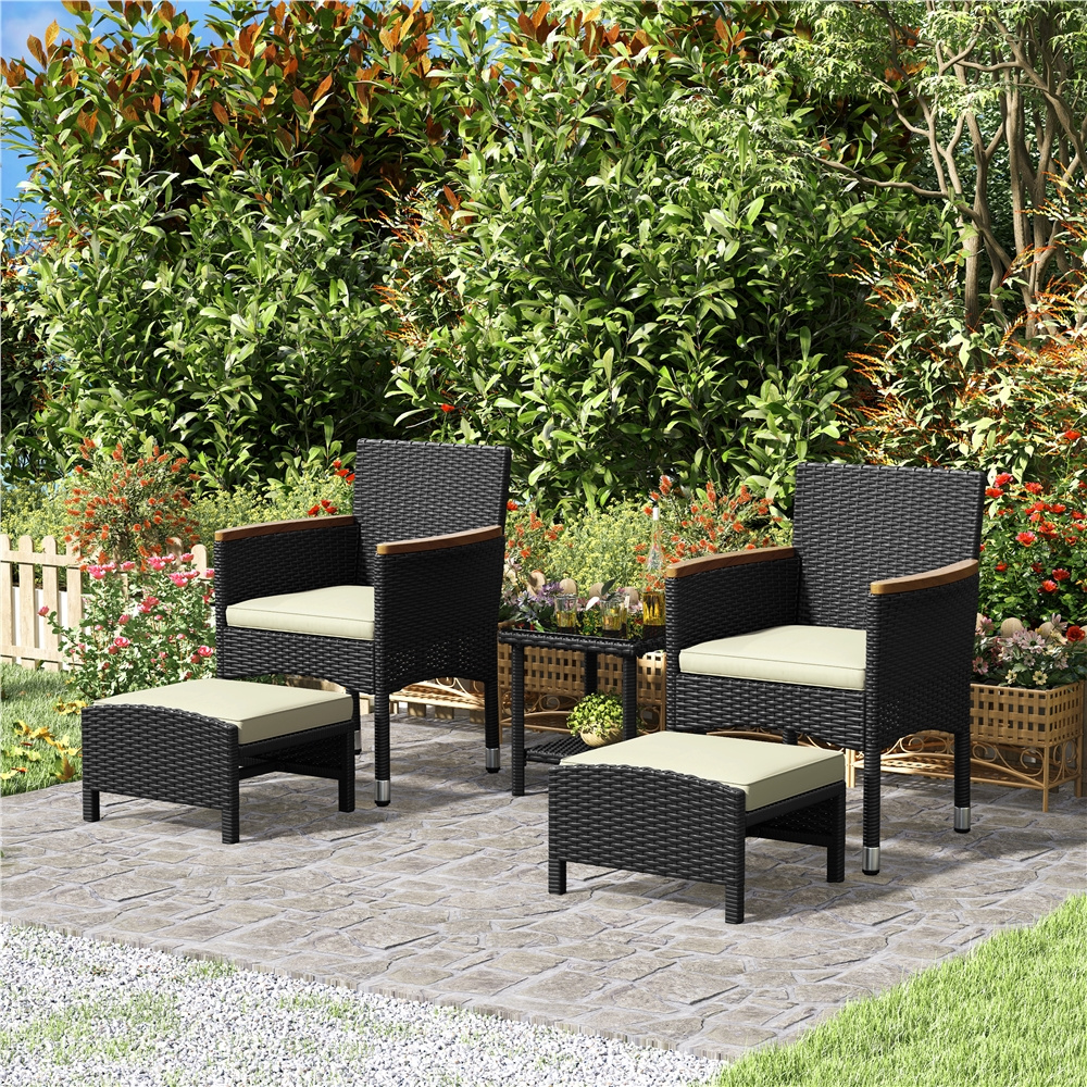 E-shop Costoffs 5er Garten-Set Terassenmöbel Balkonmöbel Außen Sitzgruppe mit 2 Fußhocker 2 Einzelsofas und 1 Kaffeetisch für Garten Hof Balkon