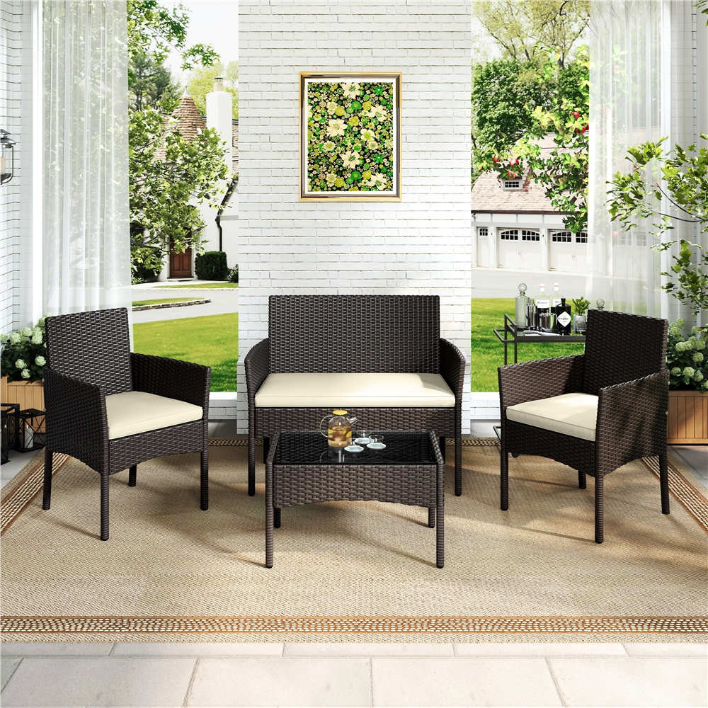 TEMU Costoffs Juego de Muebles para de 4 Piezas, Juego de Muebles de Jardín, Muebles de Exterior en Polirratán con Sofá de 2 Plazas, 2 Sillas, Mesa y