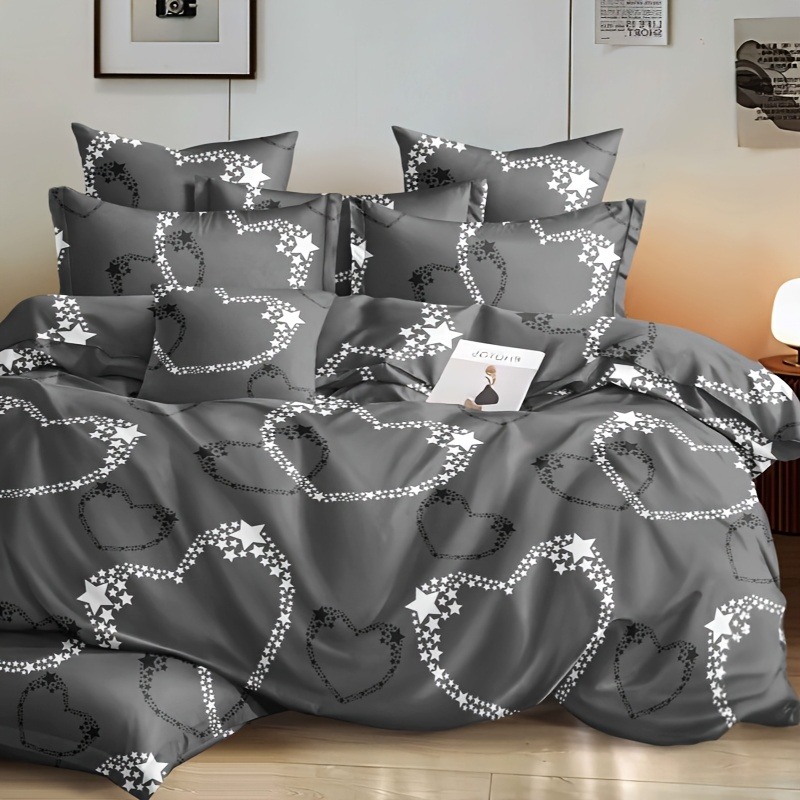 TEMU Ensemble de literie pièces élégant et avec motif cœur noir- | Matériau 100 % polyester, facile à enlever et à laver | 1 housse de couette et 2