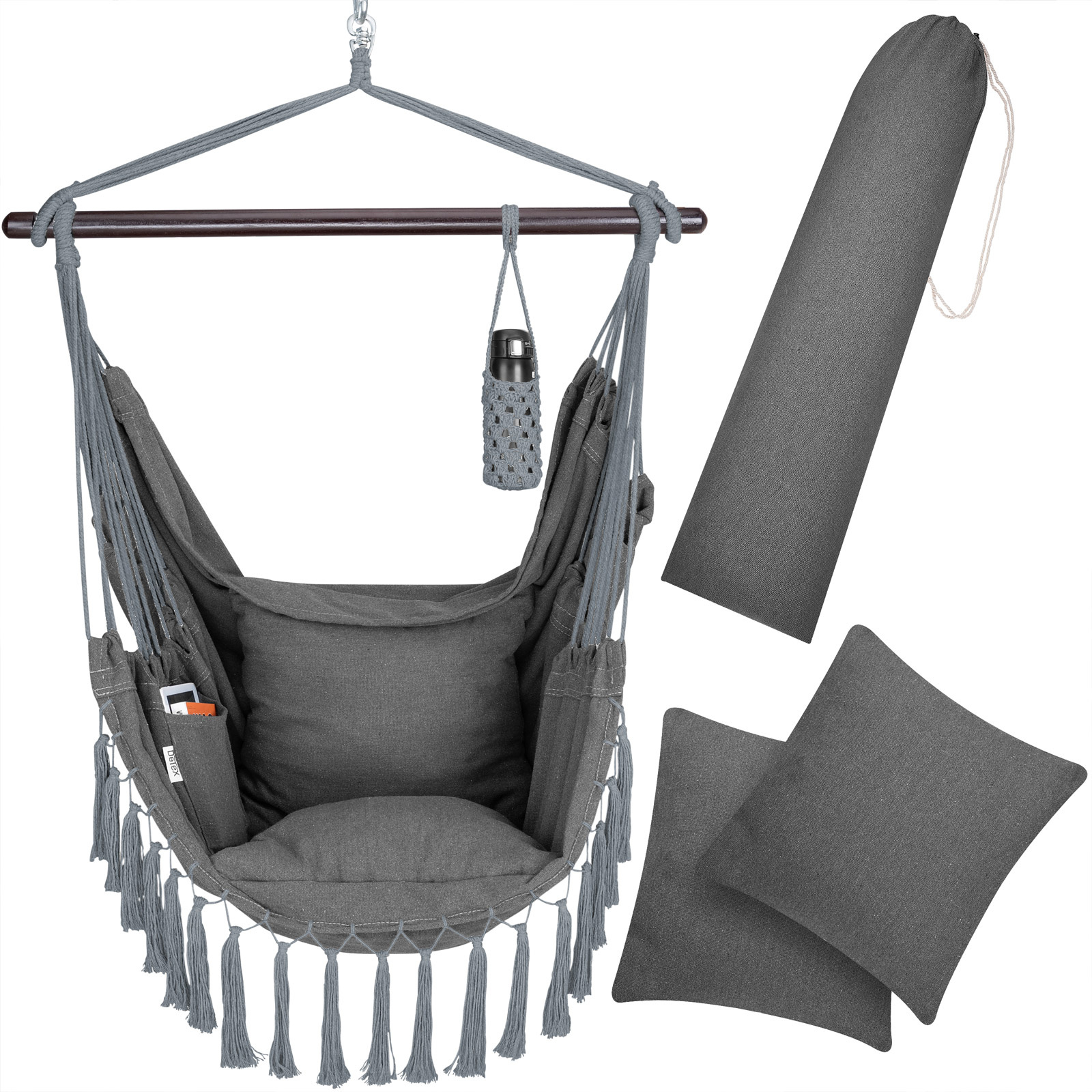 Detexu00ae Hanging Chair Outdoor Without Frame Boho Hanging Chair With 2 Cushions Cup Holder Inner Pocket 150kg Load Capacity Xl Hanging Swing Light Grey