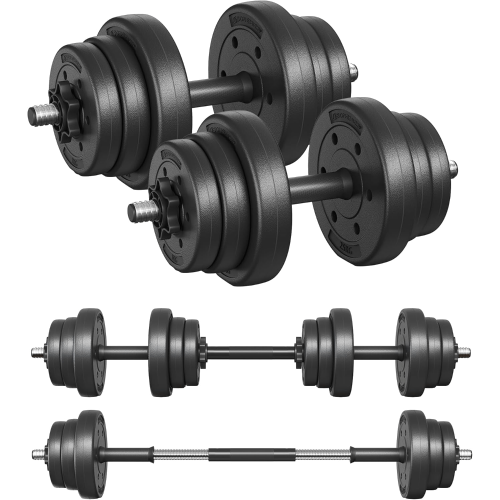 2-in-1 dumbbellset, 2 x 10 kg verstelbare dumbbells met extra barbellstang, gewichtsplaten met plastic coating, fitnessoefeningen, homegym