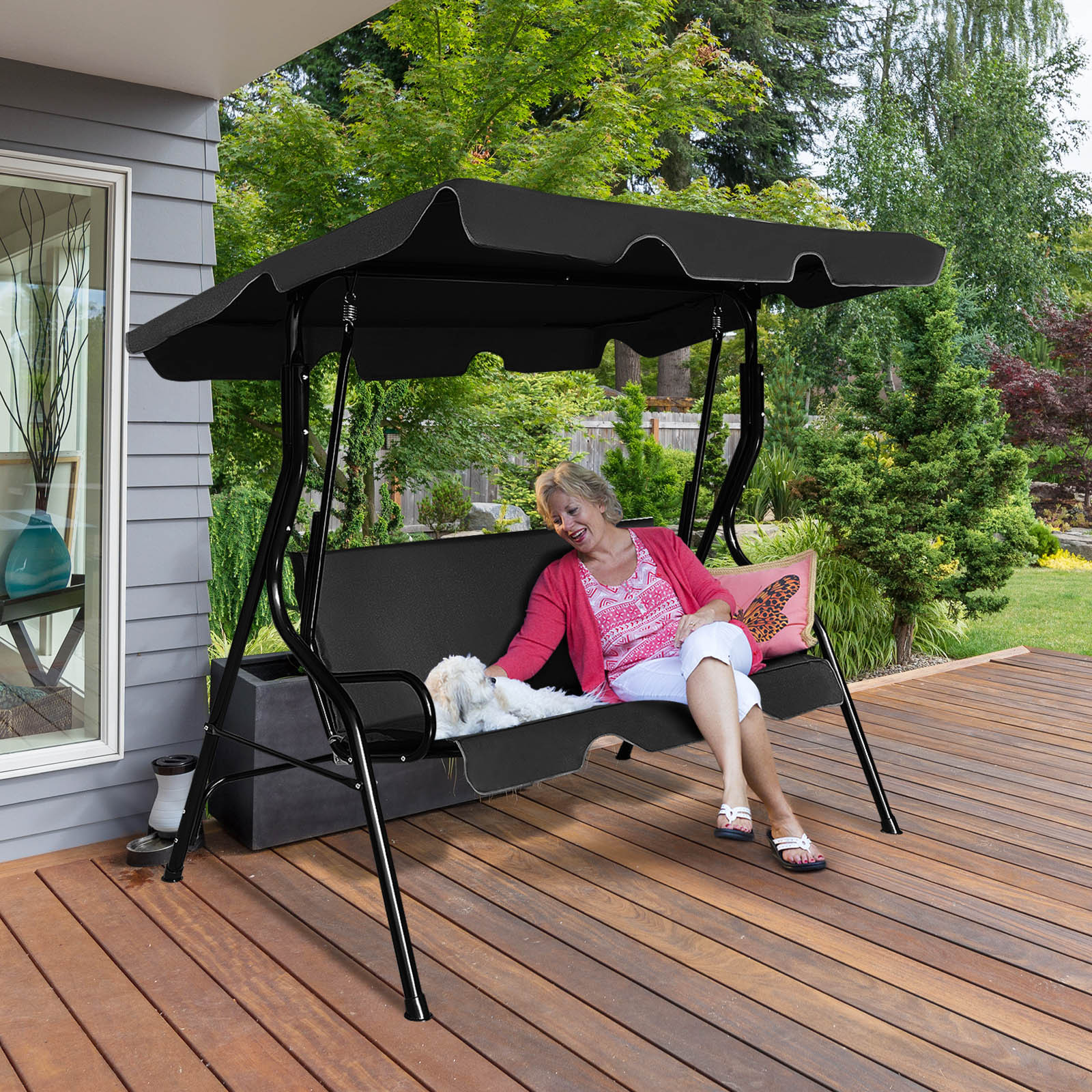 Image of 3-seater Swing, Garden Swing With Adjustable Canopy, Swing Bench For Garden, Patio & Backyard, 172 X 110 X 154 Cm (black)