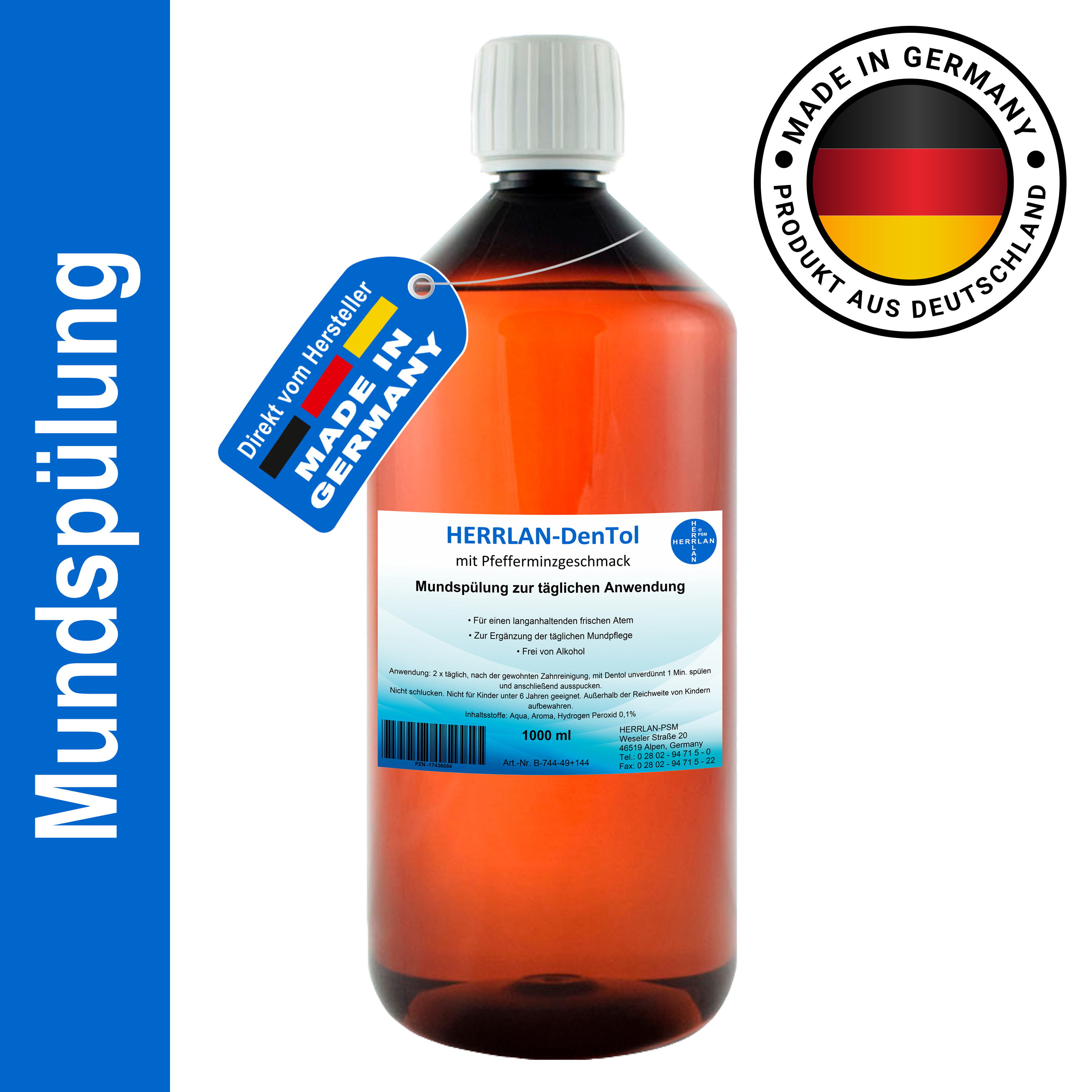 TEMU Herrlan® Dentol Mouthwash Mouthwash 1000 Ml - With 0.1% Hydrogen Peroxide - -free Tooth And Gum Care - Disinfecting Mouthwash Made In Germany