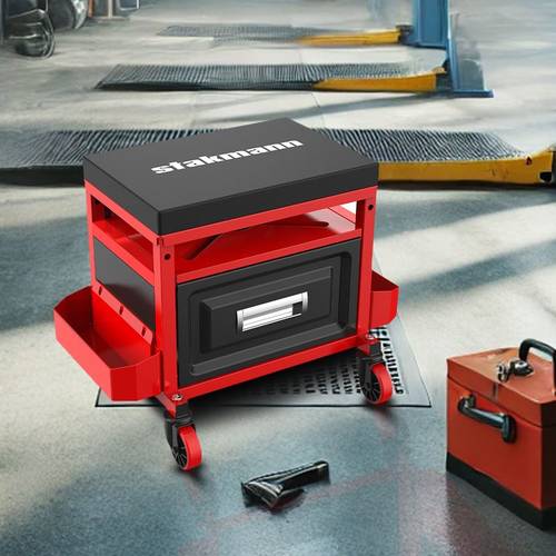 mobile stool with drawer compartments and tray for tools and screws mechanics workshop chair 360 swivel wheels padded seat and steel structure 136kg capacity