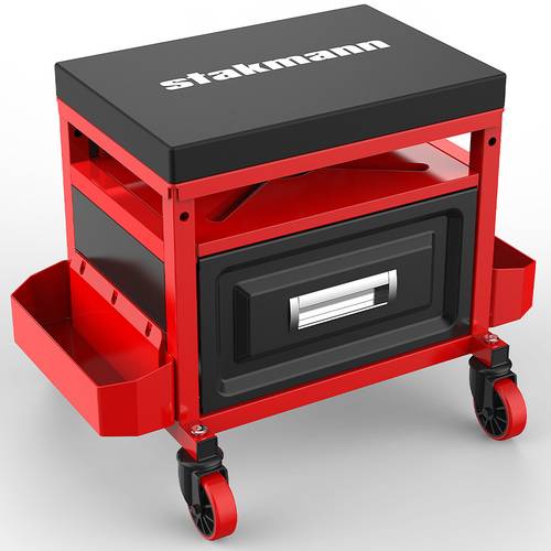 item picture mobile stool with drawer compartments and tray for tools and screws mechanics workshop chair 360 swivel wheels padded seat and steel structure 136kg capacity