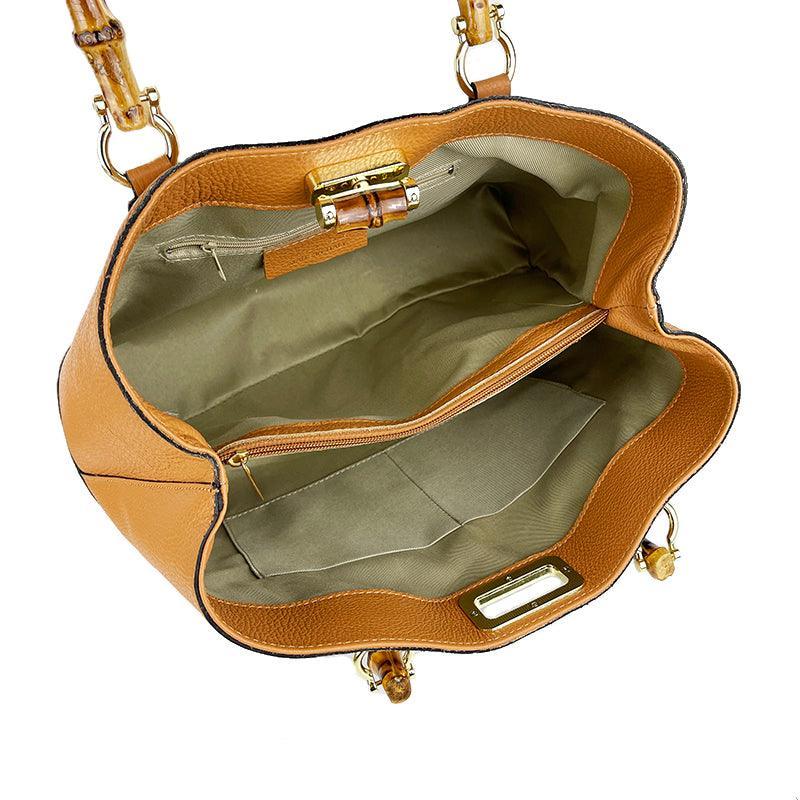 Handbag in Real Leather with Bamboo Handles Made in Italy, Women's Handbag, Bamboo Leather Bag