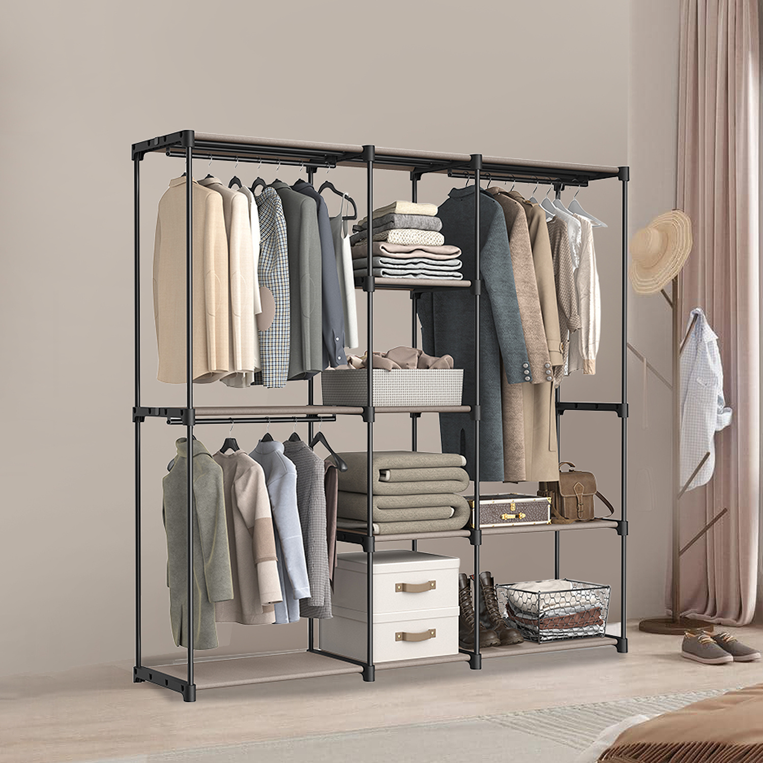 E-shop Kleiderschrank, Kleiderständer, Garderobenständer, freistehende Garderobe, mit Kleiderstangen, Stoffablagen, Metallrahmen, 182 x 182 cm