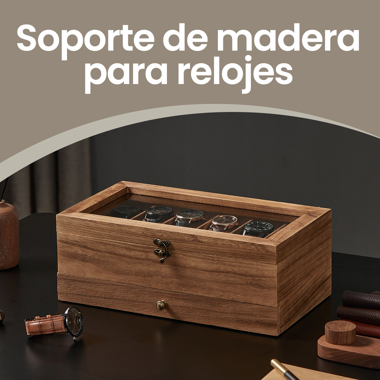 TEMU de Relojes, Estuche de Madera para Relojes, 12 compartimentos, de Cristal, Almohadillas, Revestimiento de Terciopelo