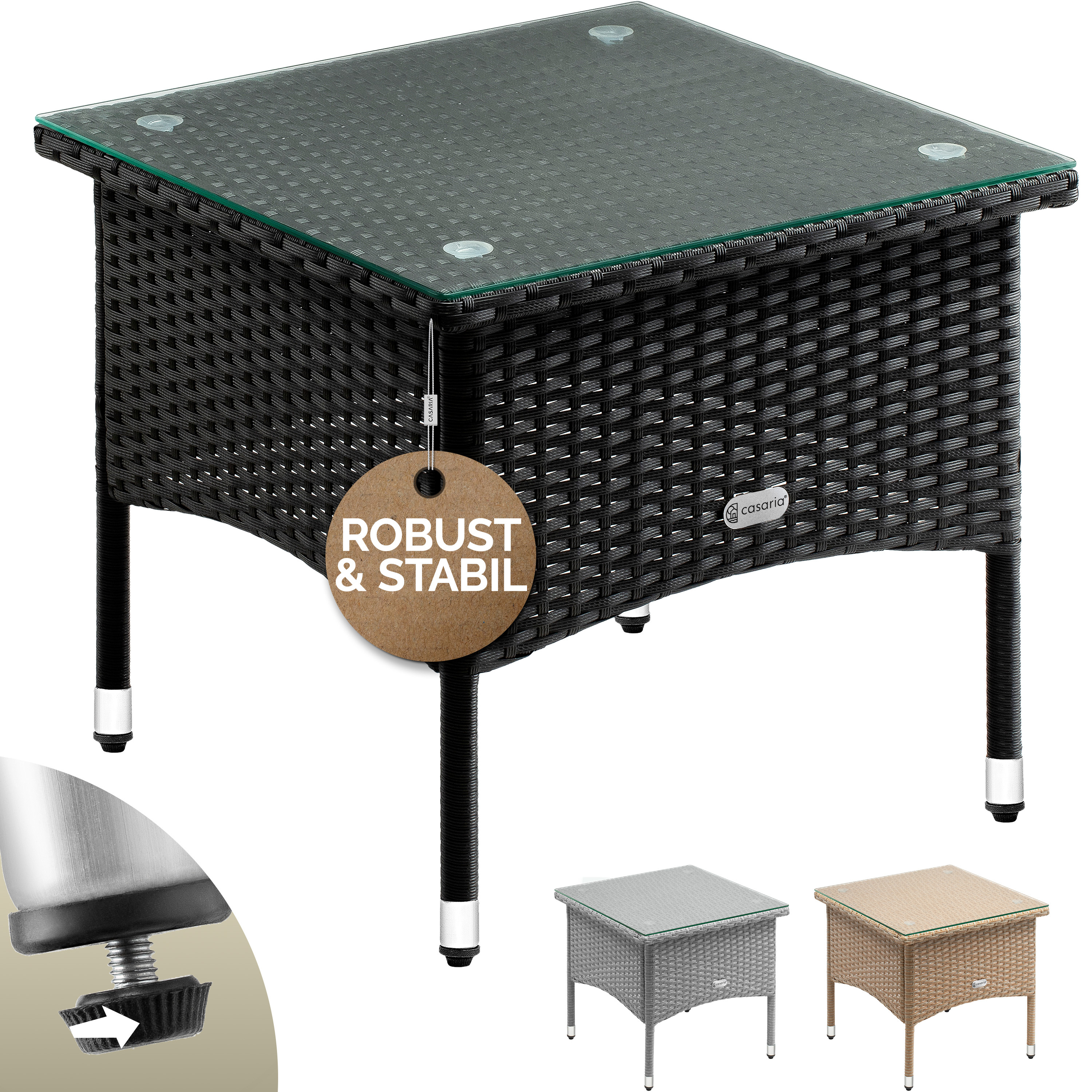 TEMU CASARIA® Mesita de Poliratán 50x50x45cm Carga 80Kg Mesa Auxiliar Jardín Ajustable Tablero Vidrio Resistente Negro