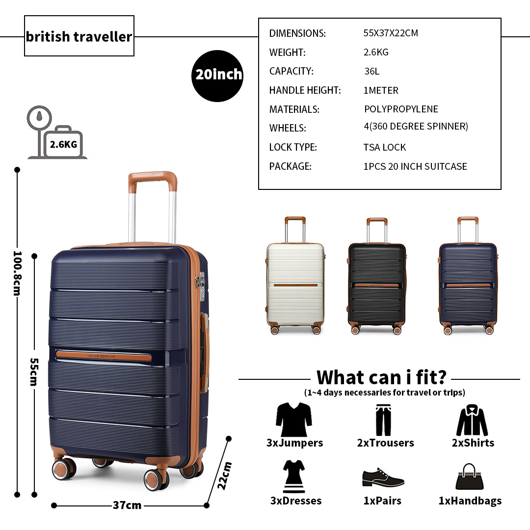 British Traveller Lightweight PP Hard Shell Travel Trolley Suitcase
