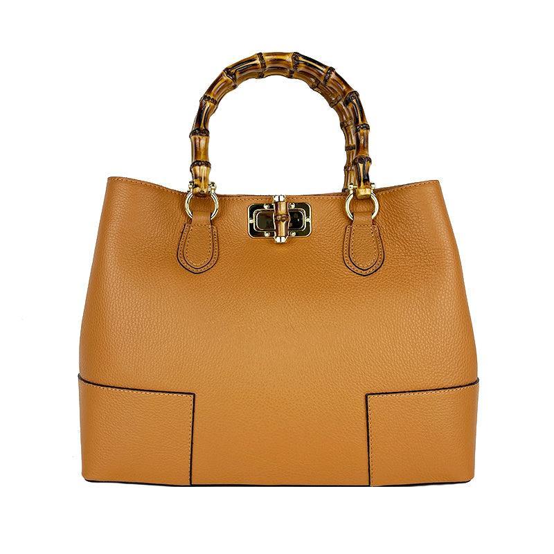 Handbag in Real Leather with Bamboo Handles Made in Italy, Women's Handbag, Bamboo Leather Bag