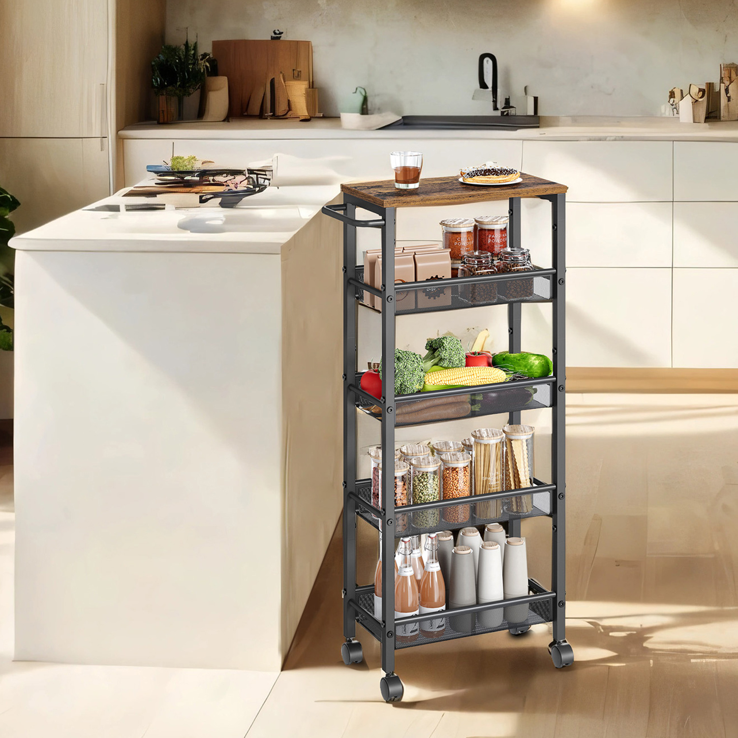 Rollwagen Mit 4 Ebenen & 11 Haken - Schmalregal Auf Rollen Für Küche, Bad & Wohnzimmer - Weiß, Höhenverstellbar