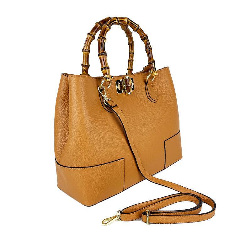 Handbag in Real Leather with Bamboo Handles Made in Italy, Women's Handbag, Bamboo Leather Bag