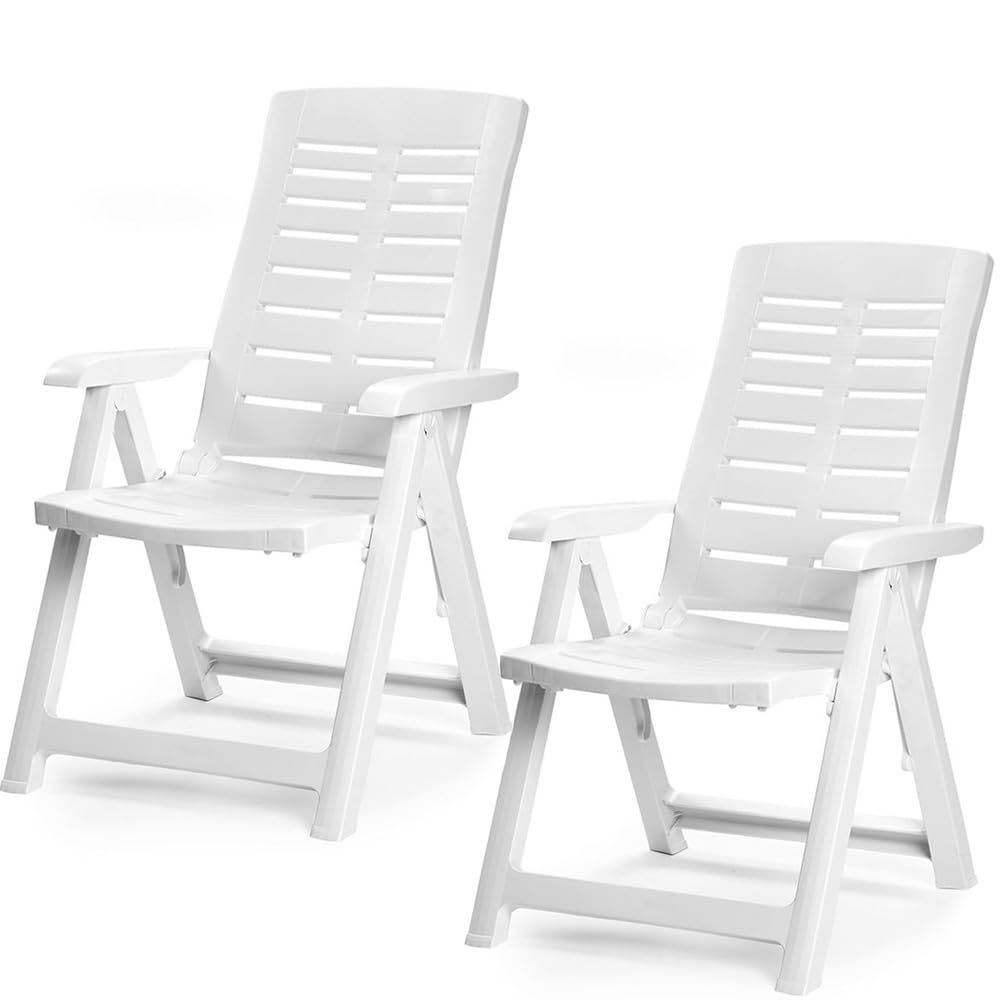 TEMU White Folding Plastic Garden Armchair - Size 60x61x109 Cm - Outdoor Reclining, Multi-position And Adjustable Chair Yum019f, Foldable Design, Uv