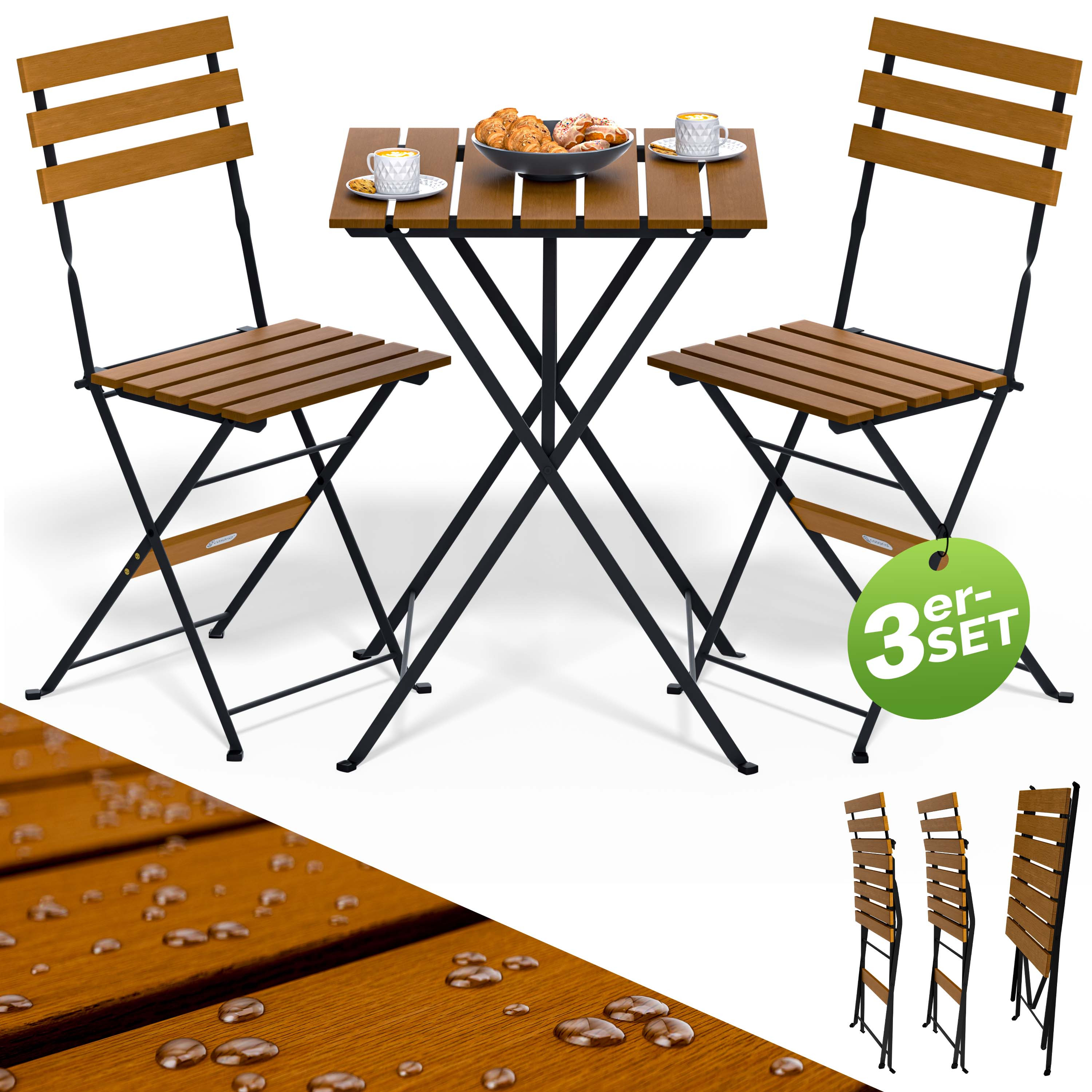 Casaria® Balcony Furniture Set For 2 , Weather-resistant, 3-piece, Pre-assembled, Foldable, 160kg Load Capacity, Acacia Wood, Balcony, Garden, Patio Furniture