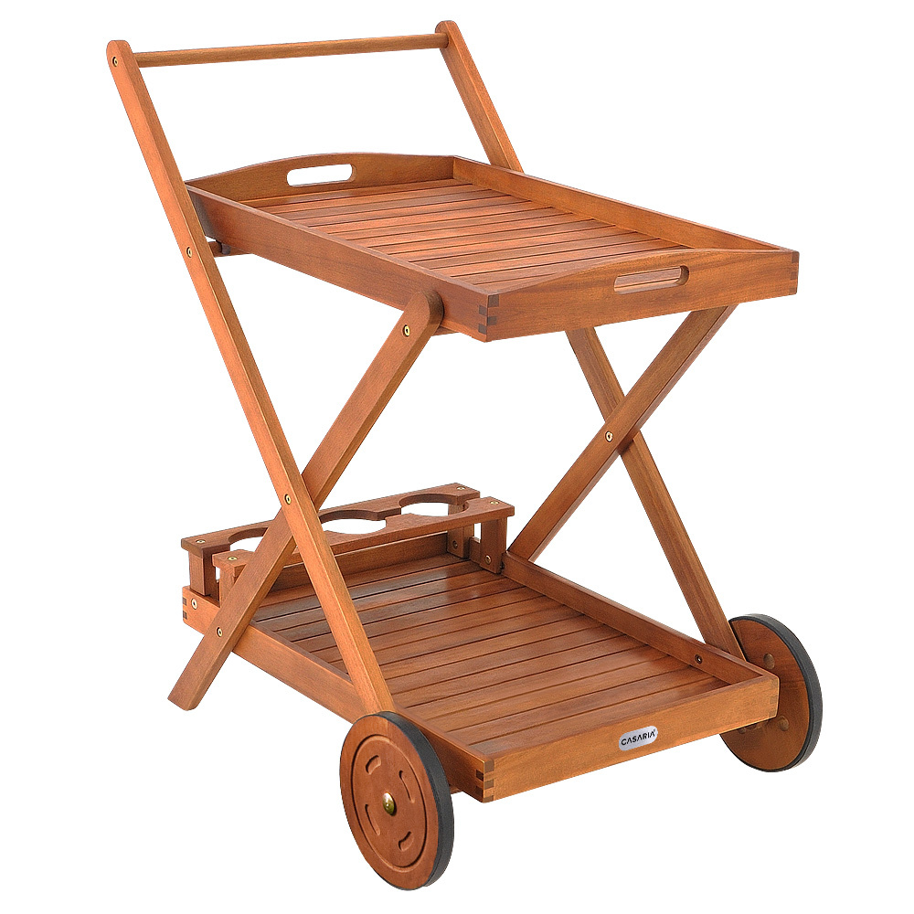 Image of Casaria® Serving Cart With Wheels, Wood Acacia, 2-tier Tray, 3 Bottle Holders, Outdoor Kitchen, Garden, Patio, Kitchen Cart, Rolling Cart
