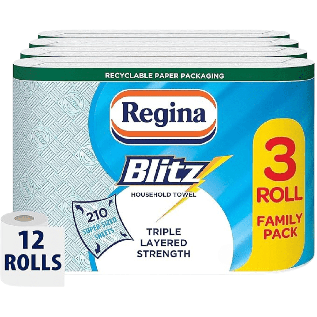 TEMU Regina Blitz Household Towels – 12 Rolls Per Pack, 3-ply Kitchen Roll, 70 Sheets Per Roll, Paper Packaging, Recycled, Ultra-resistant,