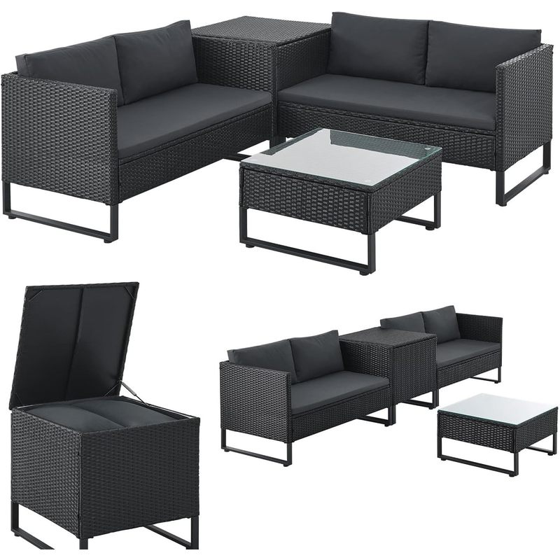 E-shop Outdoor Polyrattan Lounge Santorini mit Beistelltisch & Auflagenbox Gartenmöbel Set Rattan Sitzecke wetterfest Creme
