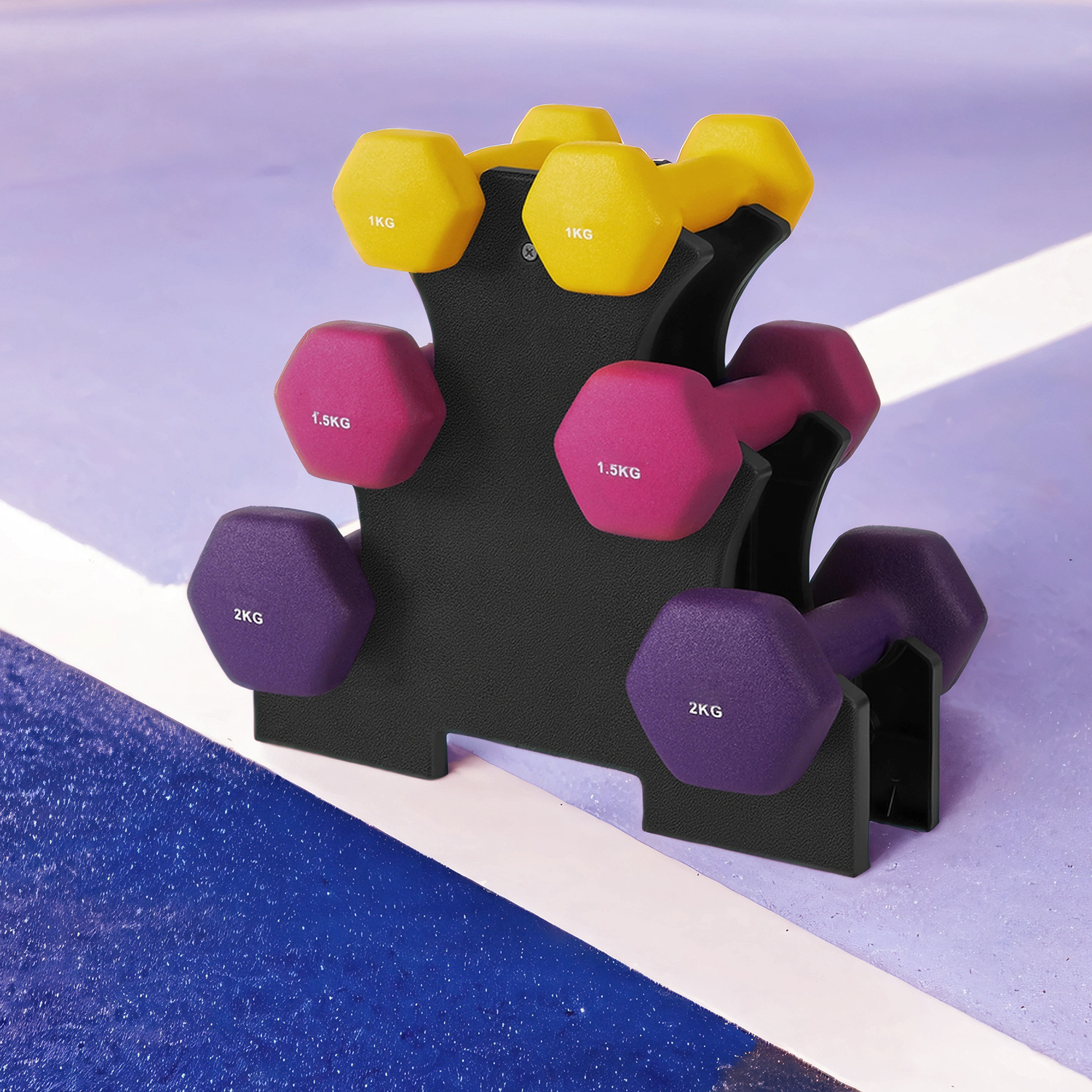 Short Dumbbell Set, Hexagon, With Dumbbell Stand, 2 X 1 Kg, 2 X 1.5 Kg, Kg, Neoprene Coating, Strength Training