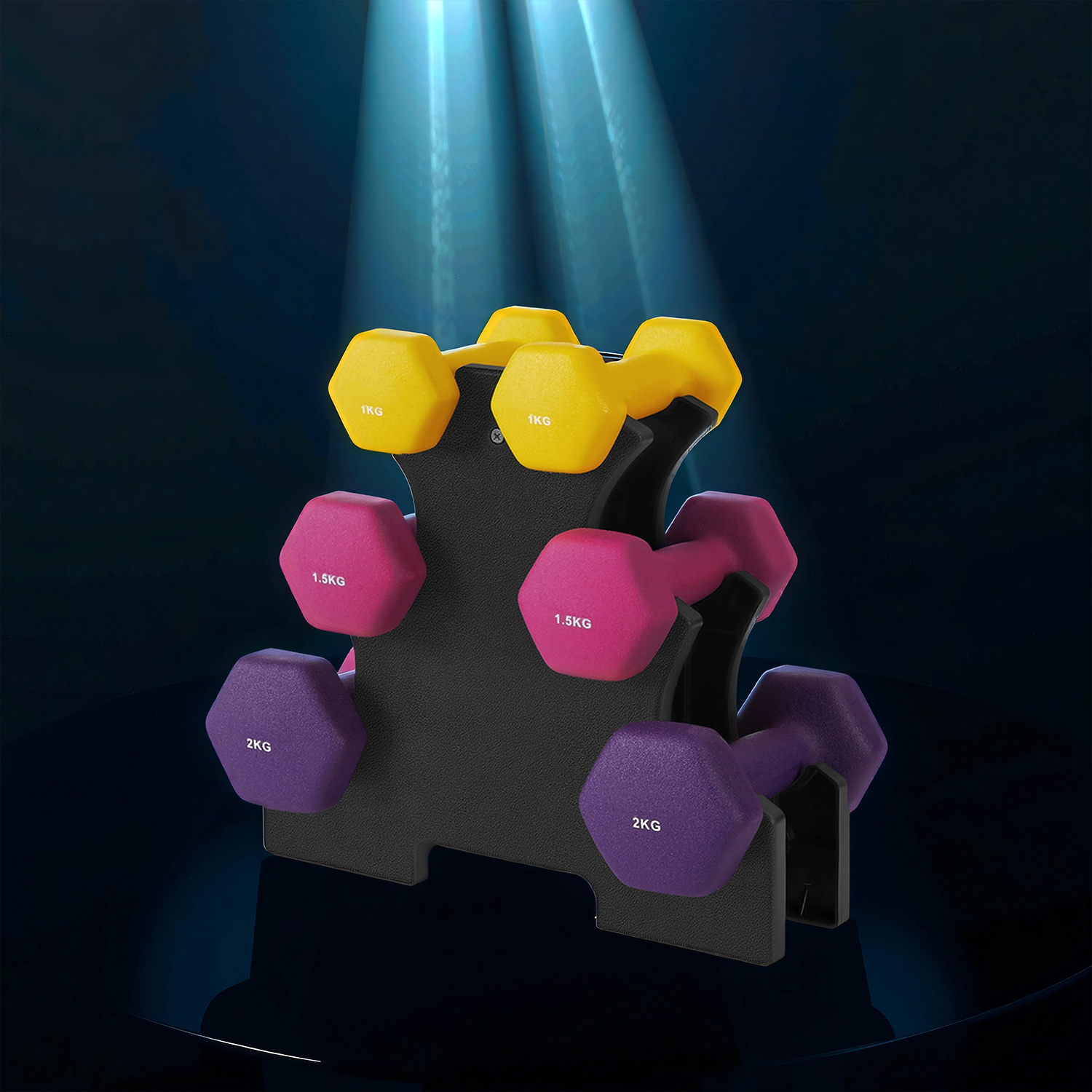 E-shop Kurzhantel-Set, Hexagon, mit Hantelständer, 2 x 1 kg, 2 x 1,5 kg, kg, Neopren-Beschichtung, Krafttraining, gelb