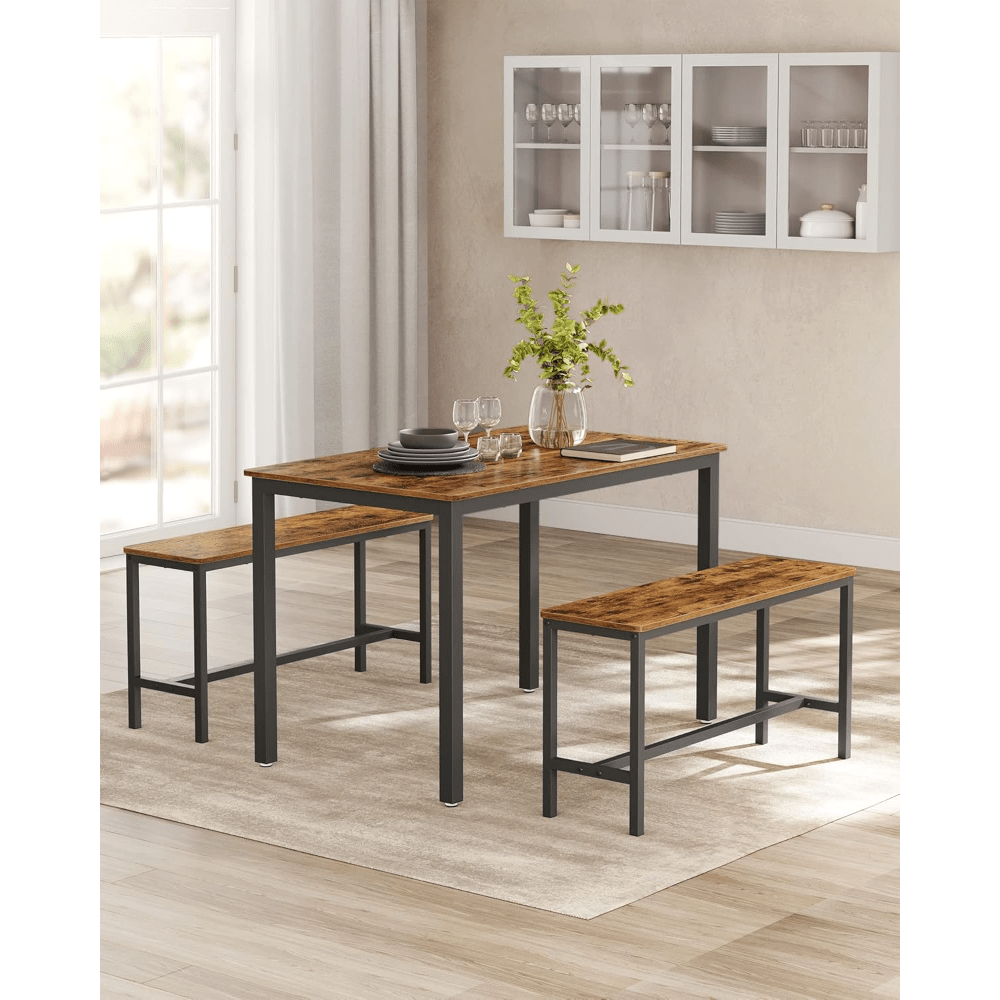 TEMU Eettafel met 2 , 3-Delige Set, Keukentafel van 70 x 110 x 75 cm, 2 van 30 x 97 x 50 cm Elk, Stalen Frame, Industrieel Ontwerp