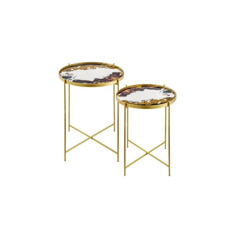 Baroni Home Set 2 Coffee Tables, Low Marble Effect Coffee Tables, Pair Of Coffee Tables With Golden Metal Structure