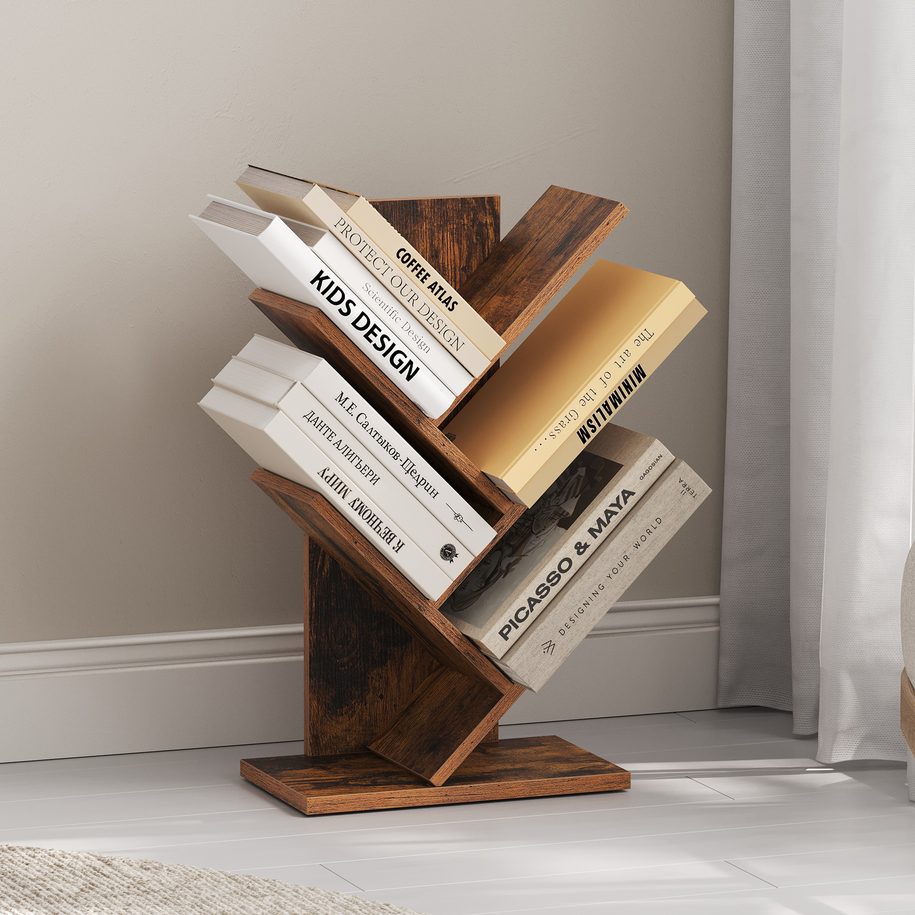 5-tier Bookshelf, Tree-shaped Floor-standing Shelf, Space- Corner Shelf, For Bedroom, Living Room, Home Office