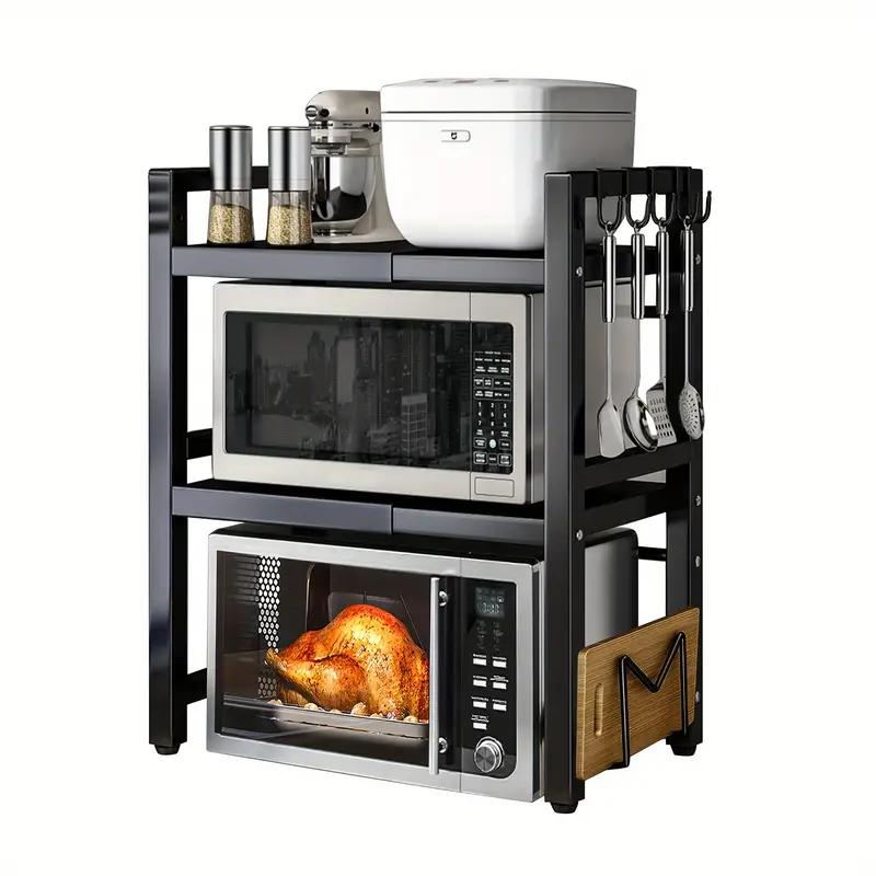 E-shop Moderner Küchenorganizer - 3-stöckiges, ausziehbares Mikrowellenregal mit 6 Haken, verstellbar von 40-64 cm, schwarze Oberfläche, für