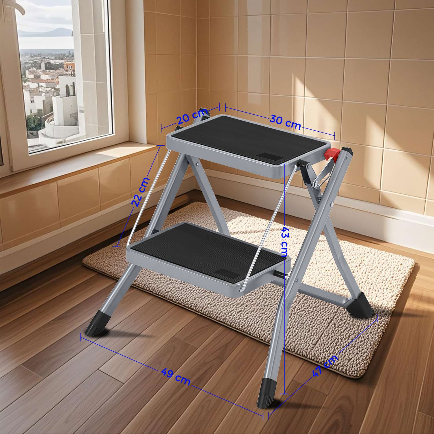 Escalera de Tijera de 2 Peldaños, Plegable, Carga de 150 kg, Bloqueo de Seguridad, Ahor...