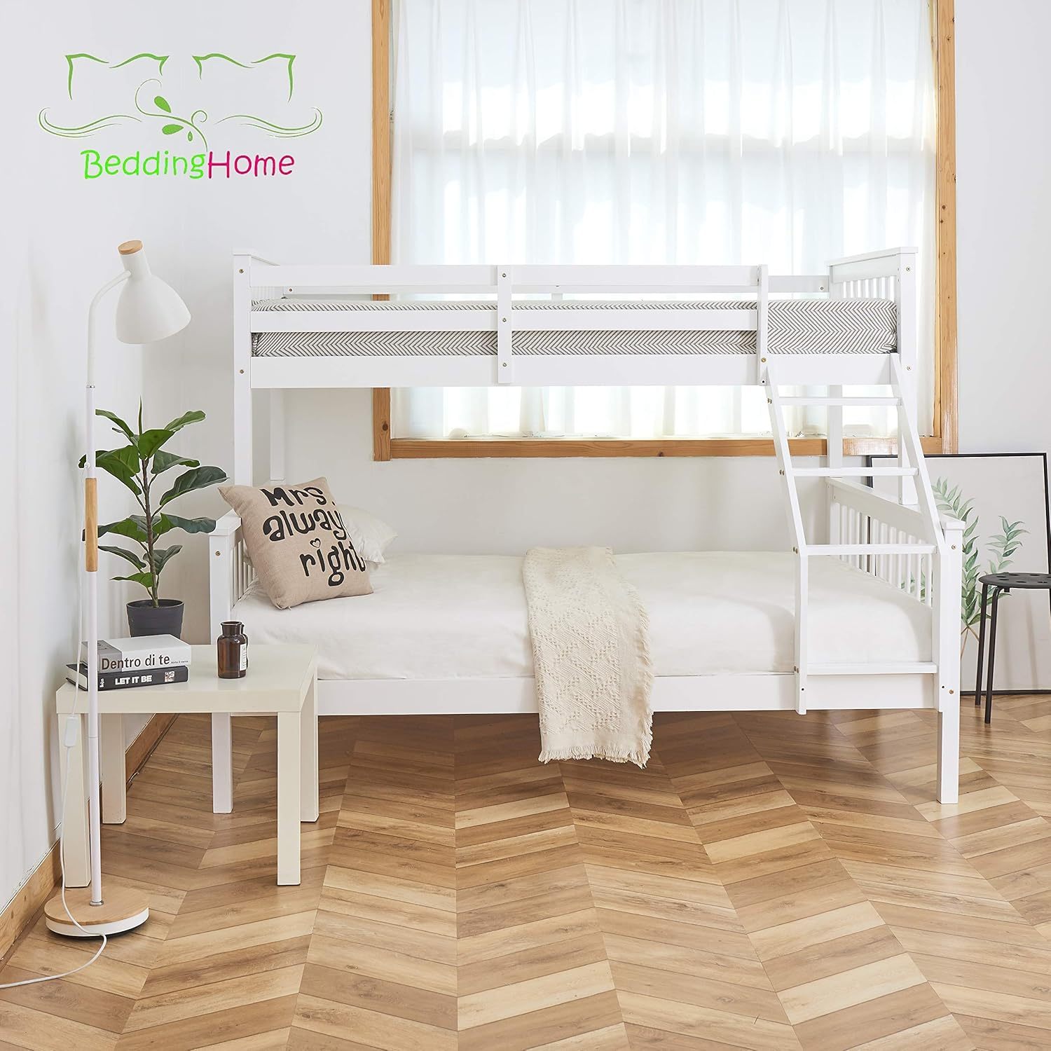 Triple Bunk Bed 3FT Single & 4.6FT Double, Solid Pine Wood Triple Sleeper Bed for Adults & Kids, Modern White Finish, Adjustable Design, Space-Saving Solution for Bedrooms