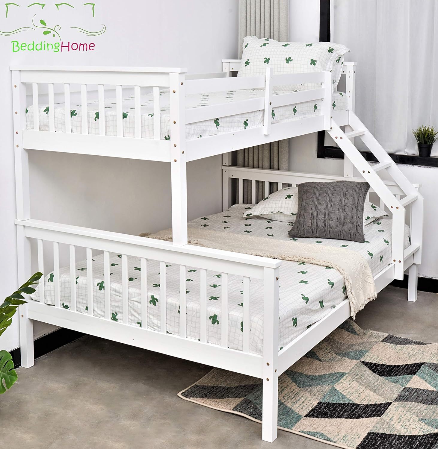 Triple Bunk Bed 3FT Single & 4.6FT Double, Solid Pine Wood Triple Sleeper Bed for Adults & Kids, Modern White Finish, Adjustable Design, Space-Saving Solution for Bedrooms