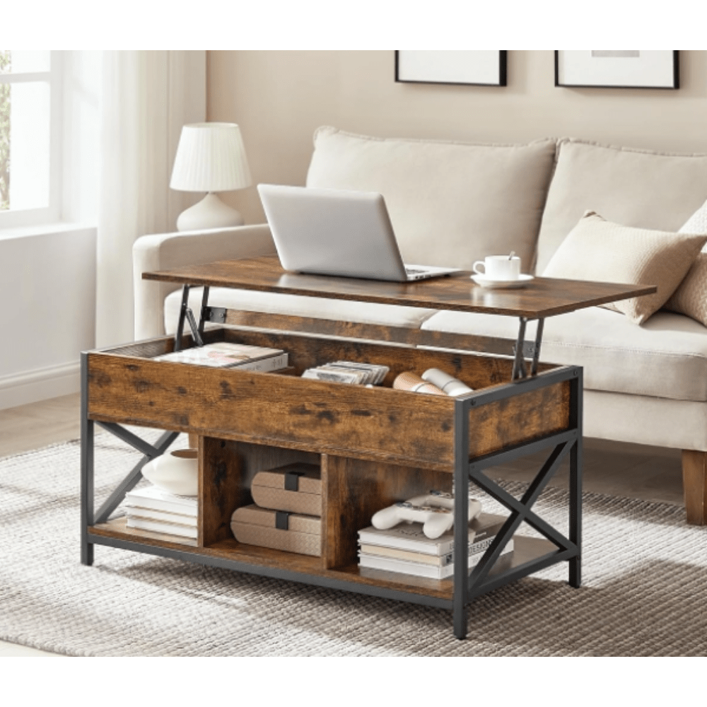E-shop Couchtisch, höhenverstellbarer Wohnzimmertisch, Kaffeetisch, mit verstecktem Stauraum und offenen Fächern, Stahlgestell, 50 x 100 x (46,5-62) cm