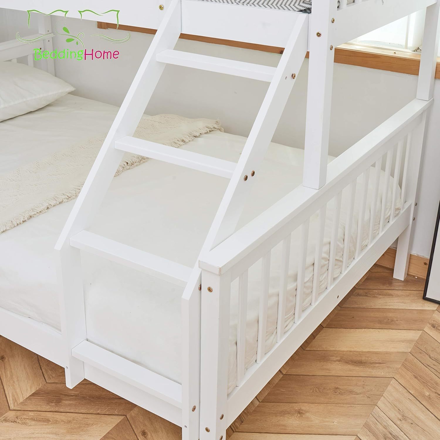 Triple Bunk Bed 3FT Single & 4.6FT Double, Solid Pine Wood Triple Sleeper Bed for Adults & Kids, Modern White Finish, Adjustable Design, Space-Saving Solution for Bedrooms