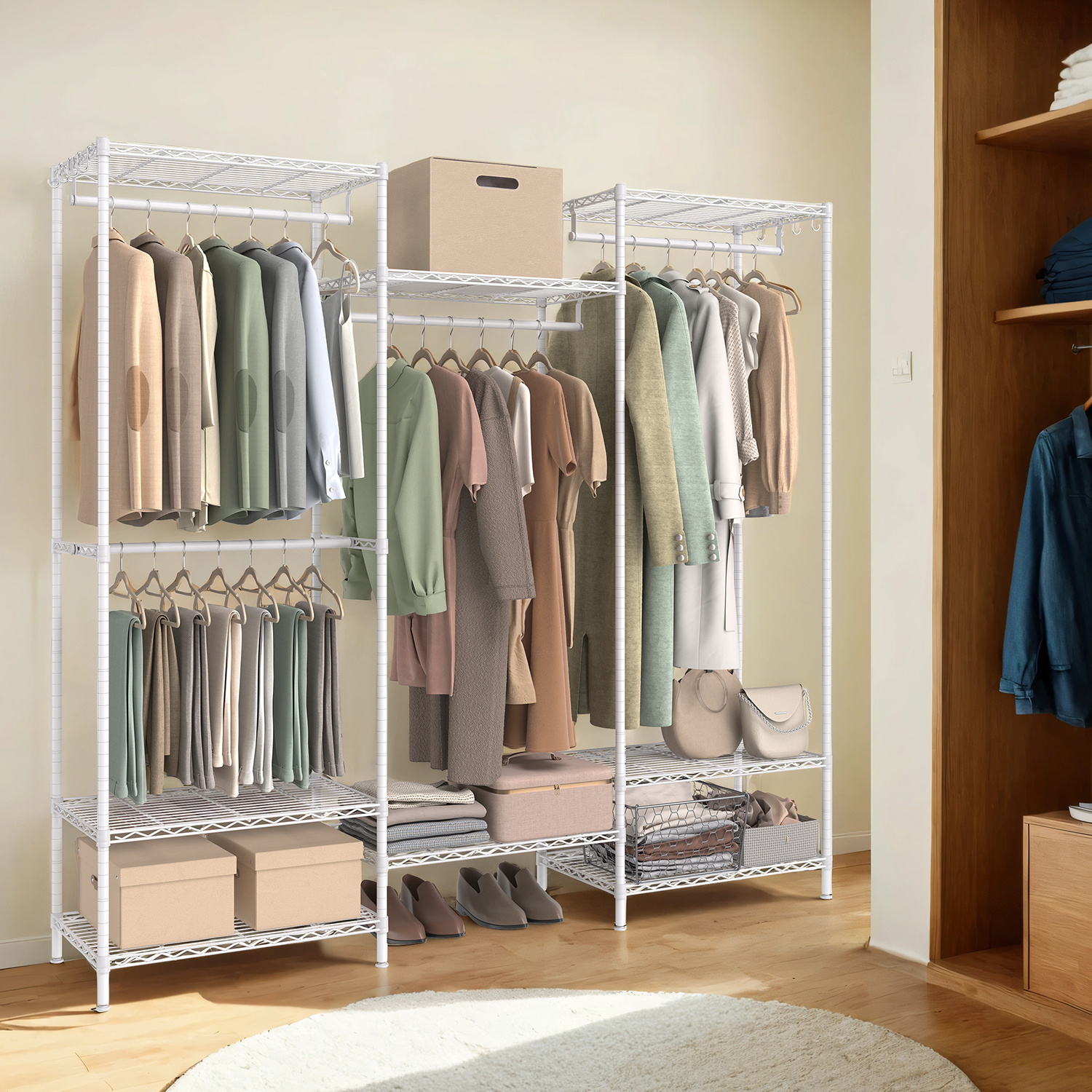 E-shop Kleiderständer, offener Kleiderschrank, Garderobe aus Metall, Garderobenständer mit verstellbaren Ablagen und Kleiderstangen