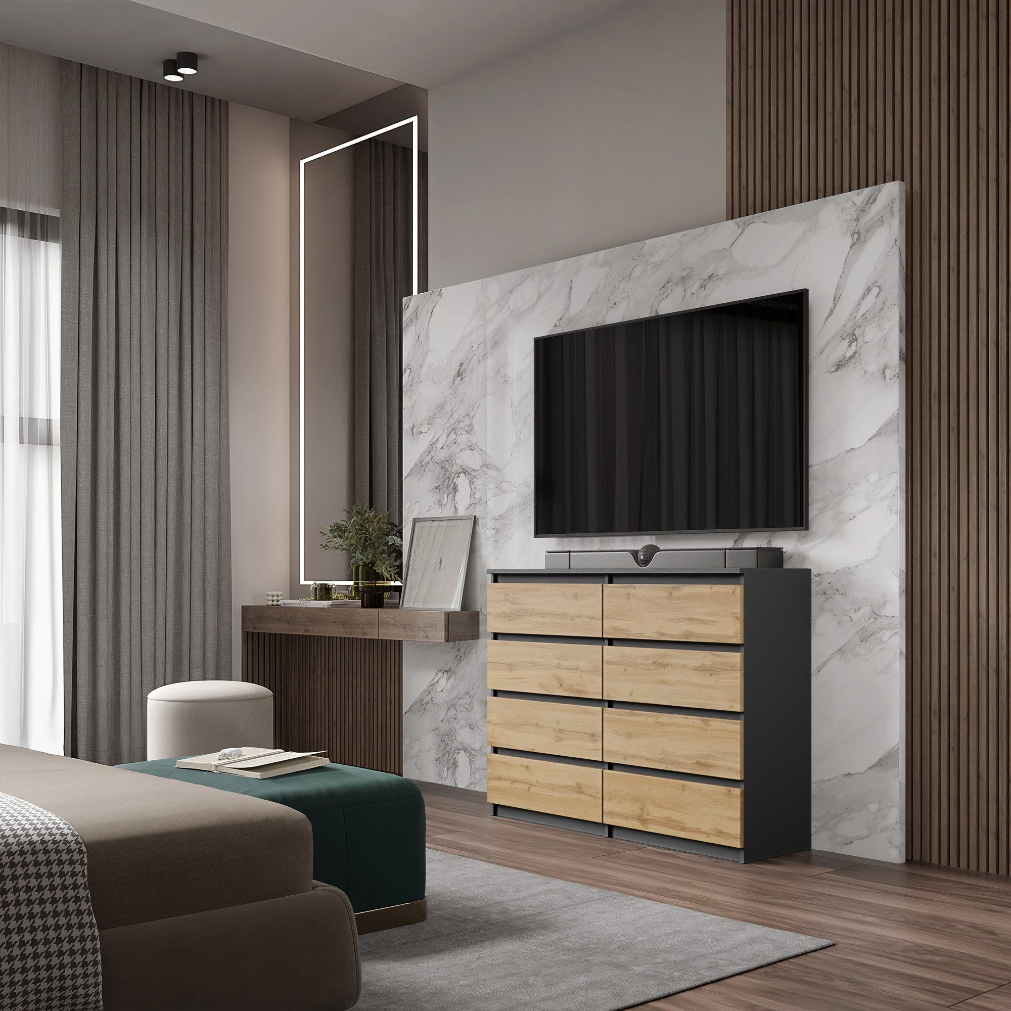 Chest Of Drawers / Sideboard With 8 Drawers - 120x92x33cm, , High-quality Mfc And Hdf Material