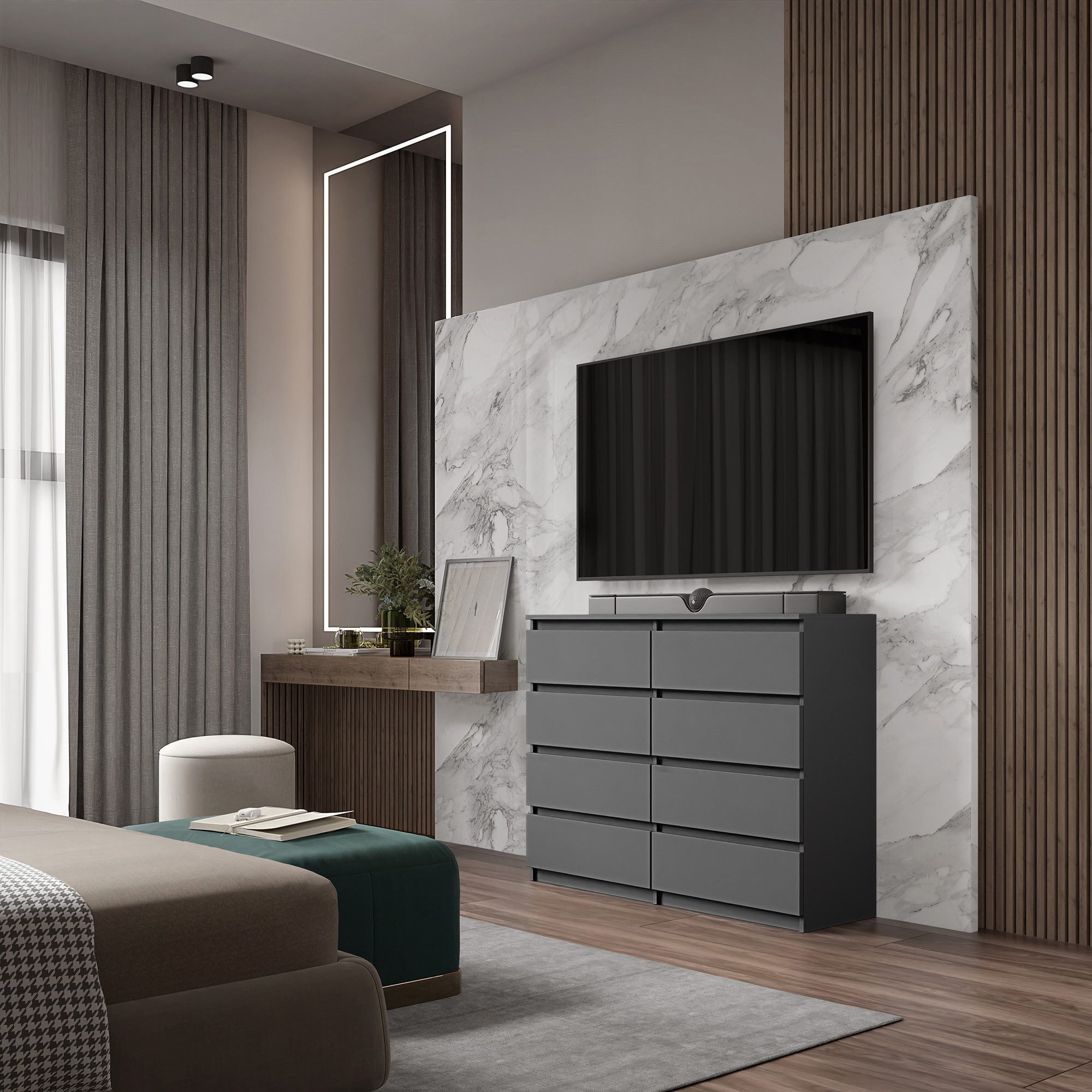 Image of Chest Of Drawers / Sideboard With 8 Drawers - 120x92x33cm, , High-quality Mfc And Hdf Material