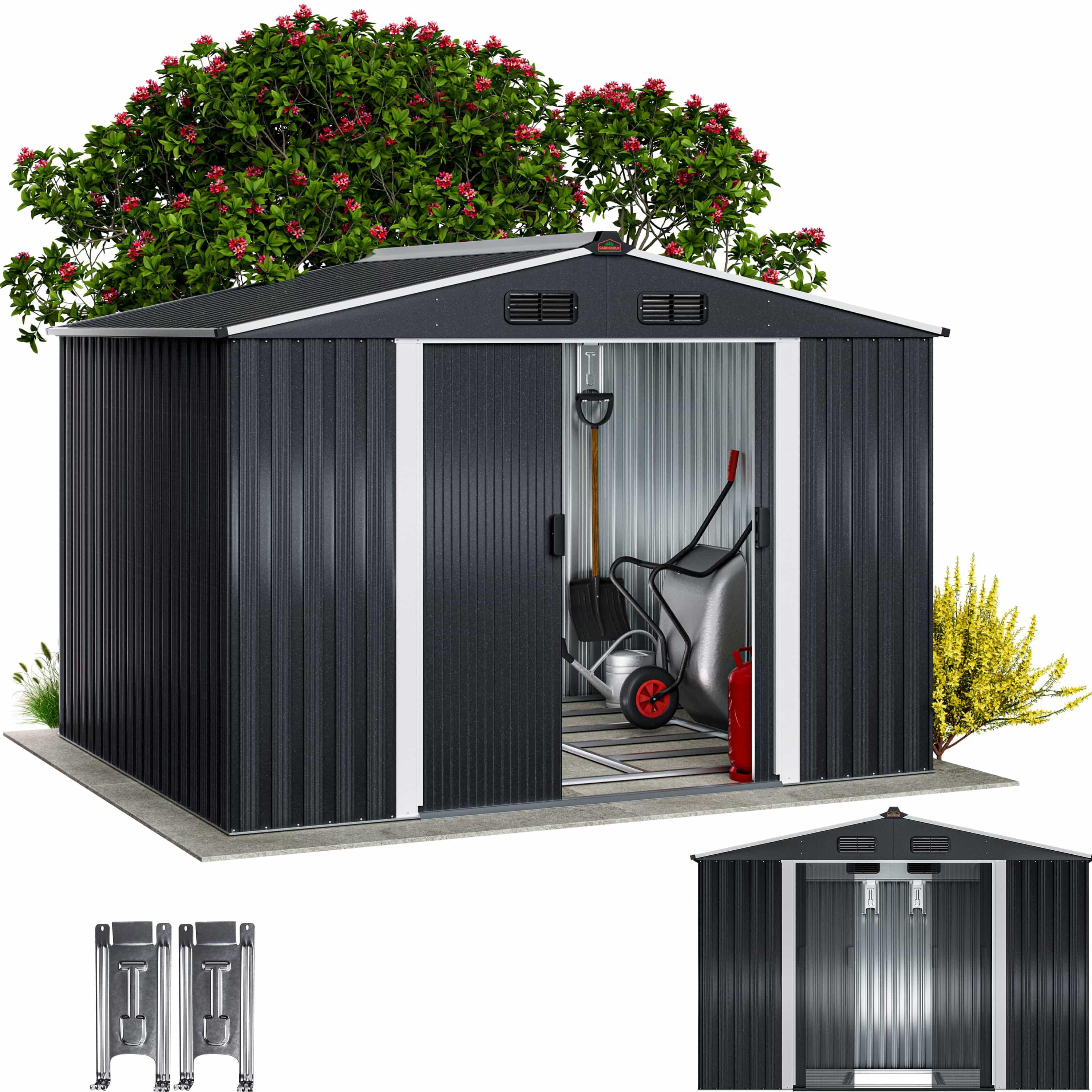 Xxl Metal Tool Shed 5m² With Foundation 260x205x180cm Sliding Door Metallic- Or Metallic-grey Garden Shed 9m³