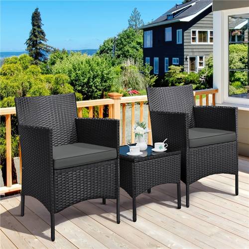 juego de 3 piezas de muebles de conversación de patio de wicker , conjunto de muebles de jardín, 2 sillas de rattán tejidas con cojines y 1 mesa lateral