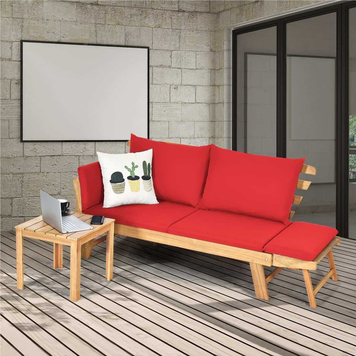 Image of Garden Bench With Reclining Function, Garden Sofa With Cushions And Foldable Armrest, Wooden , Bench For Garden, Terrace, Balcony, 198 X 75 X 75 Cm, Red