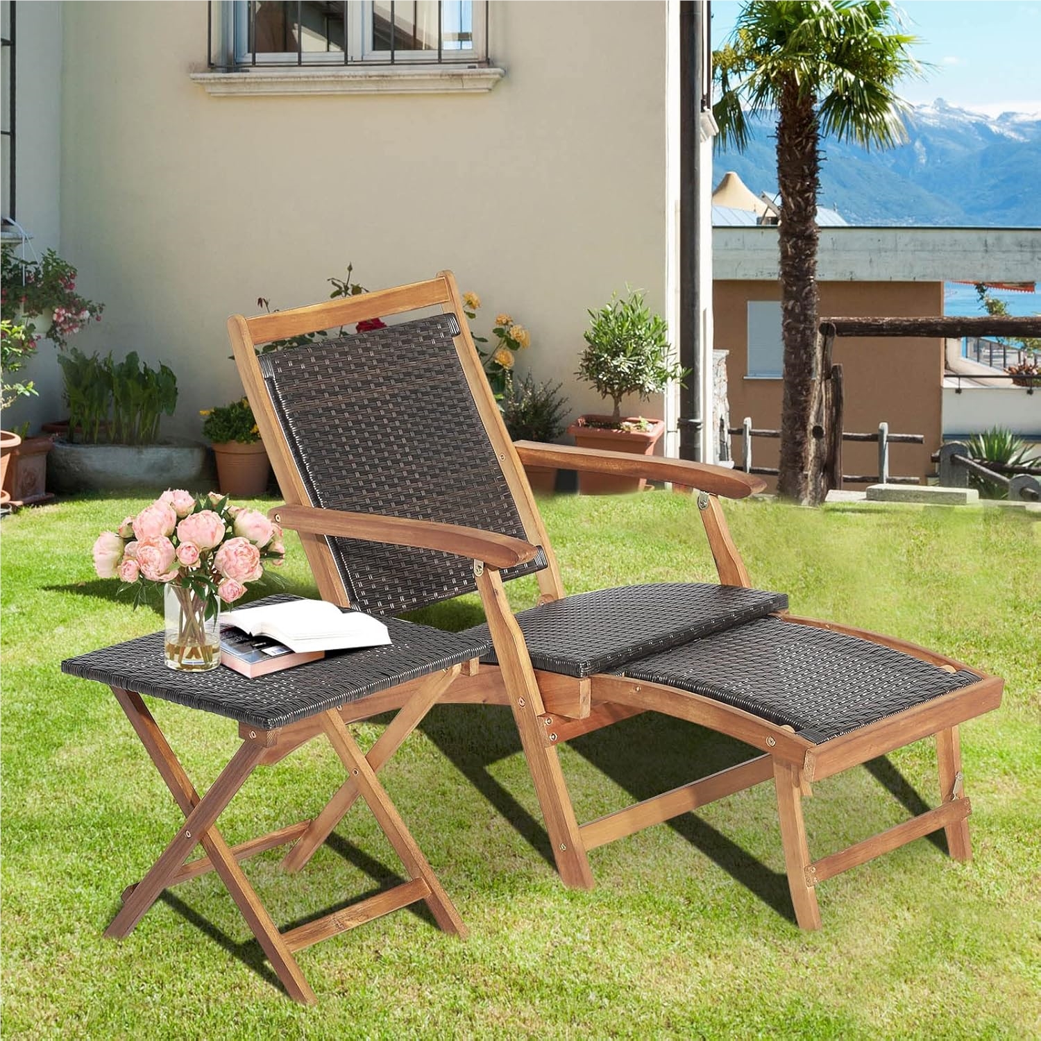 Rattan Sun Lounger With Removable Footrest & Side Table, Foldable Garden Lounger, Wooden To 160 Kg Loadable For Pool, Beach