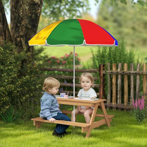 kids picnic table sand and water table with wooden benches adjustable parasol and storage bins outdoor garden furniture for children 3 6 years multicolour