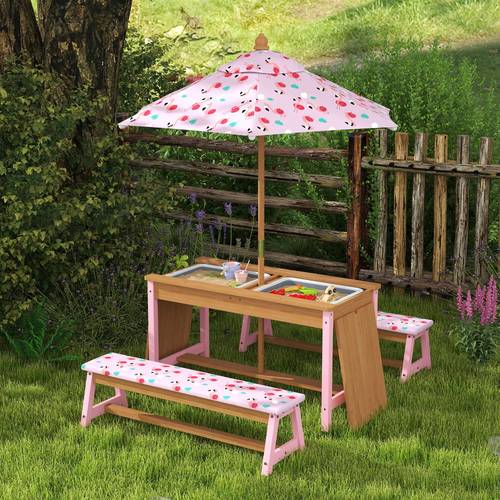 kids picnic table wooden children garden table and bench set with removable foldable umbrella cushions storage boxes flamingo theme outdoor furniture for boys girls pink