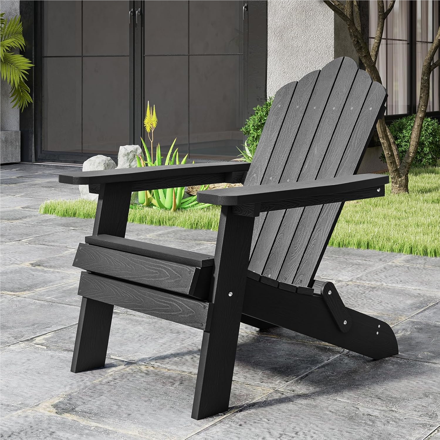 Image of Foldable Adirondack Chair, Weather-resistant Plastic Adirondack Chair, Garden Armchair With High Backrest & Wide Armrests For Garden, Patio, 180 Kg Weight Capacity (black)