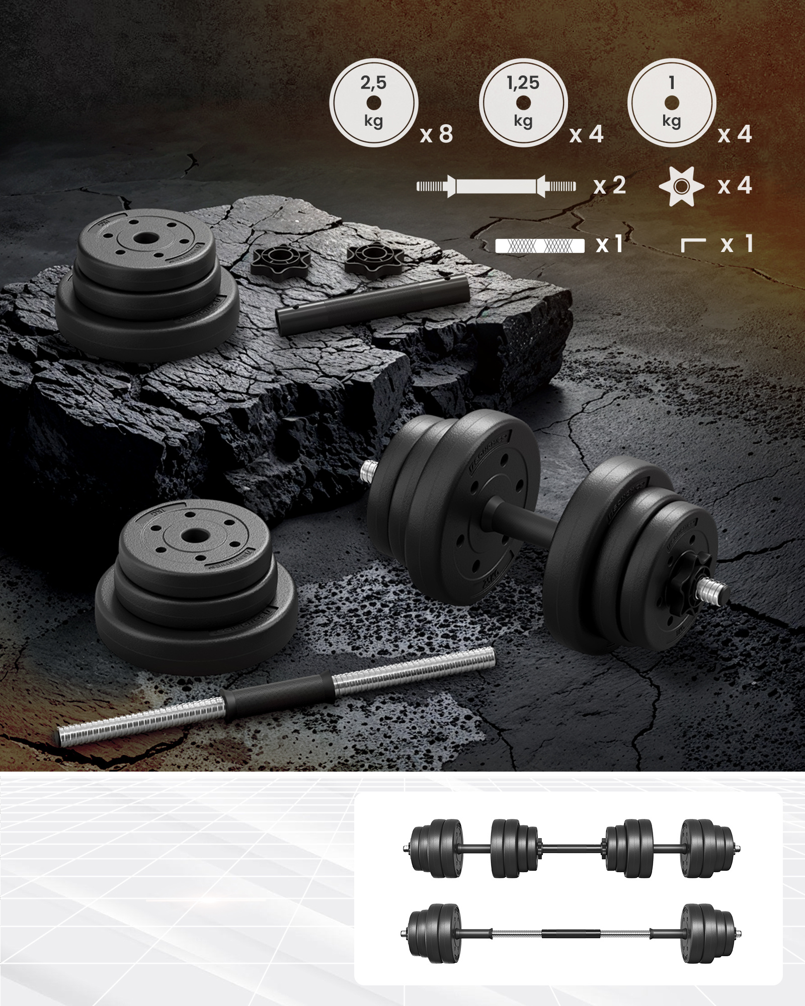 2-in-1 Halter Bodybuilding Kit, Verstelbare Gewichten, met Extra Stalen Verlengstang, Plastic Coating, Fitness, Bodybuilding, Krachttrainingsapparatuur, Antislip Geribbelde Stangen, Beton en Zand Vulling