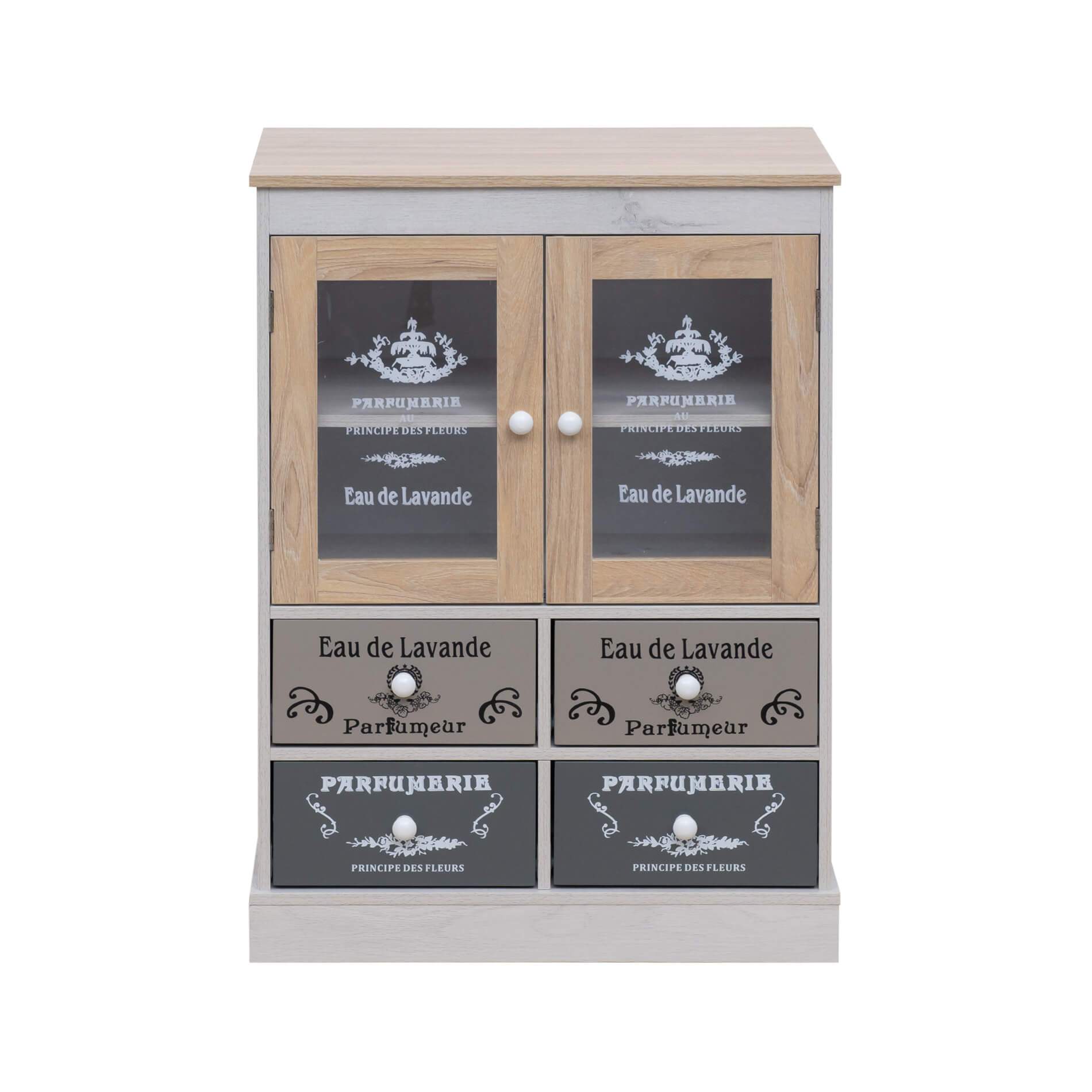 Rebecca Shabby Mobil Credenza, Självstödjande Köksskåp, Melamin PVC Träplatta, Vit Beige Grå, 2 Dörrar 4 Lådor - Mått