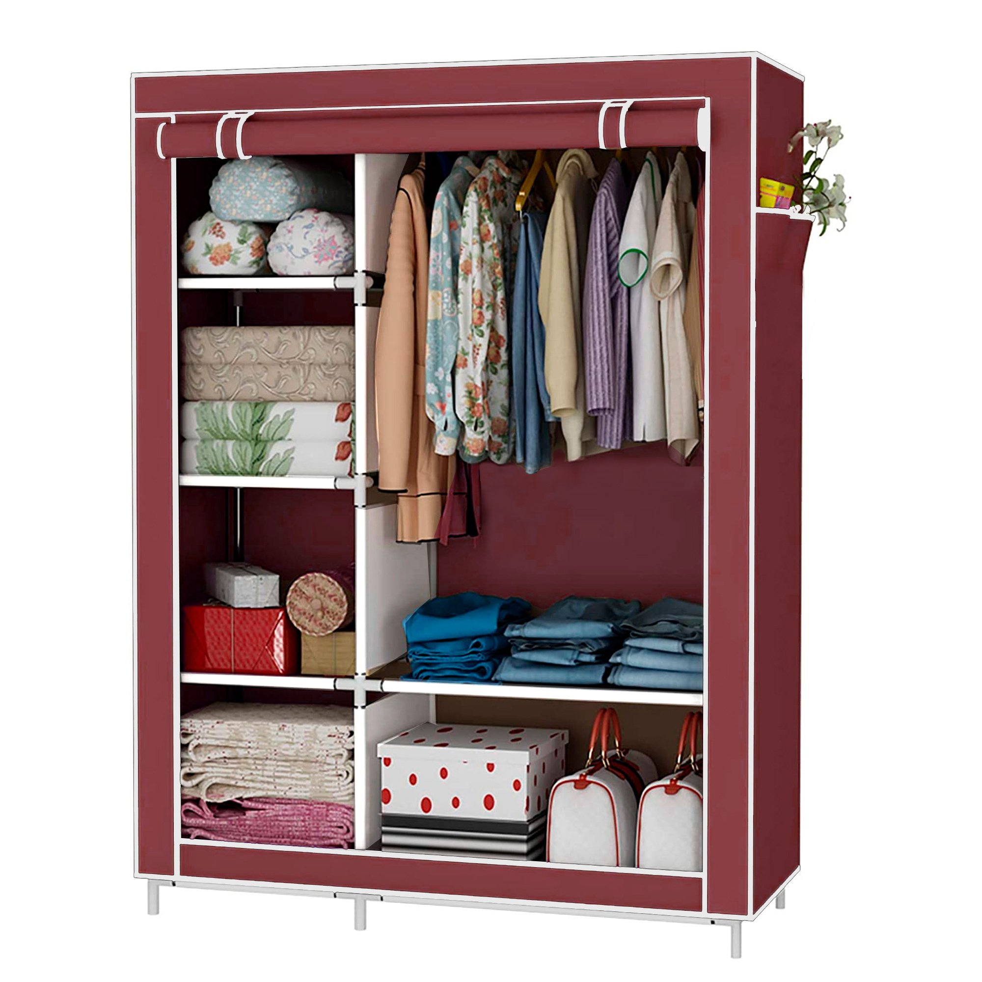 TEMU Armario Vestidor Tela con Bolsillos Home Estructura Interior 170x105x45cm - Organizador de Ropa con 5 Baldas y 2 Barras - Almacenaje Portátil
